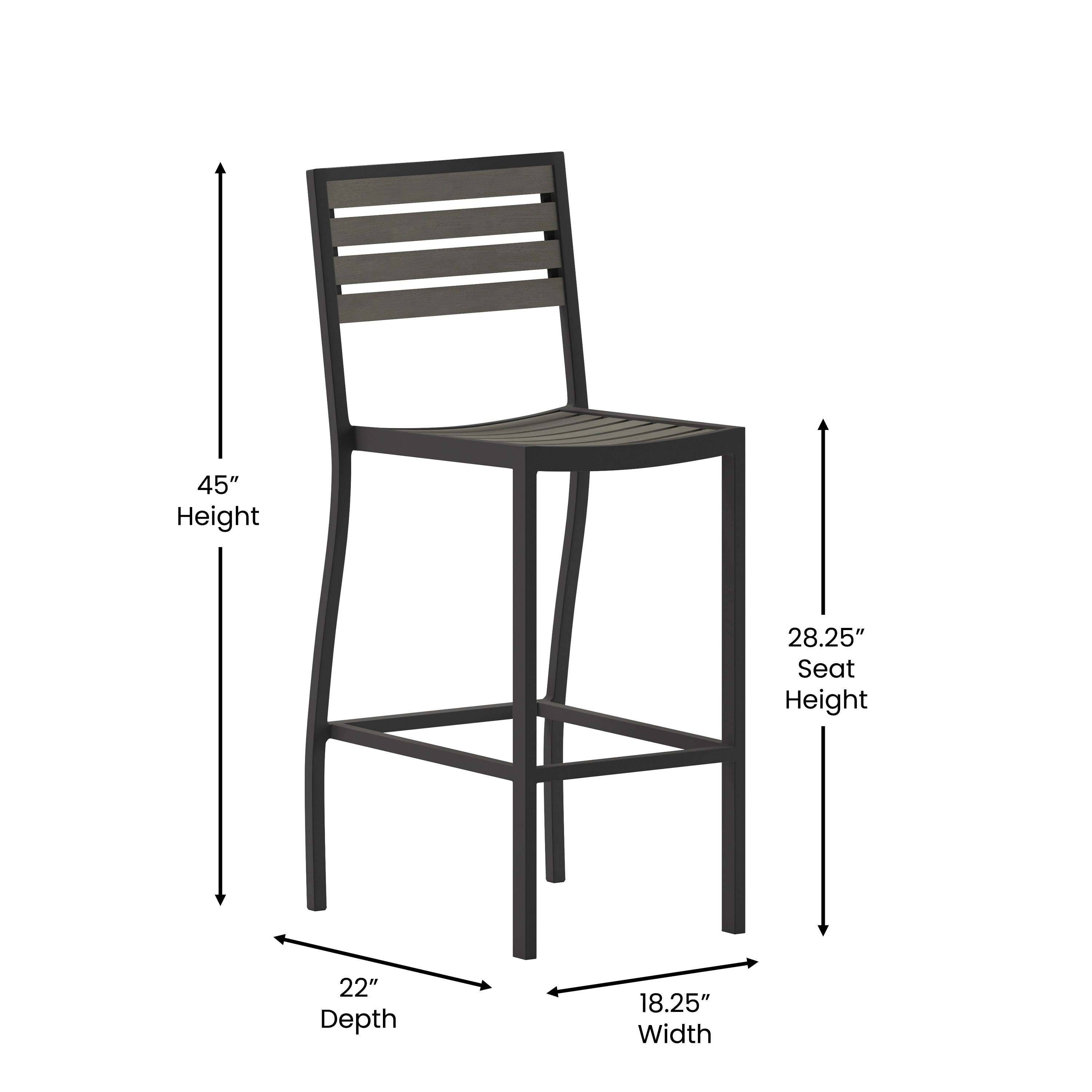 Lark Commercial Grade Bar Height Stool, All-Weather Outdoor Bar Stool with Faux Wood Poly Resin Slats and Aluminum Frame, Gray Wash