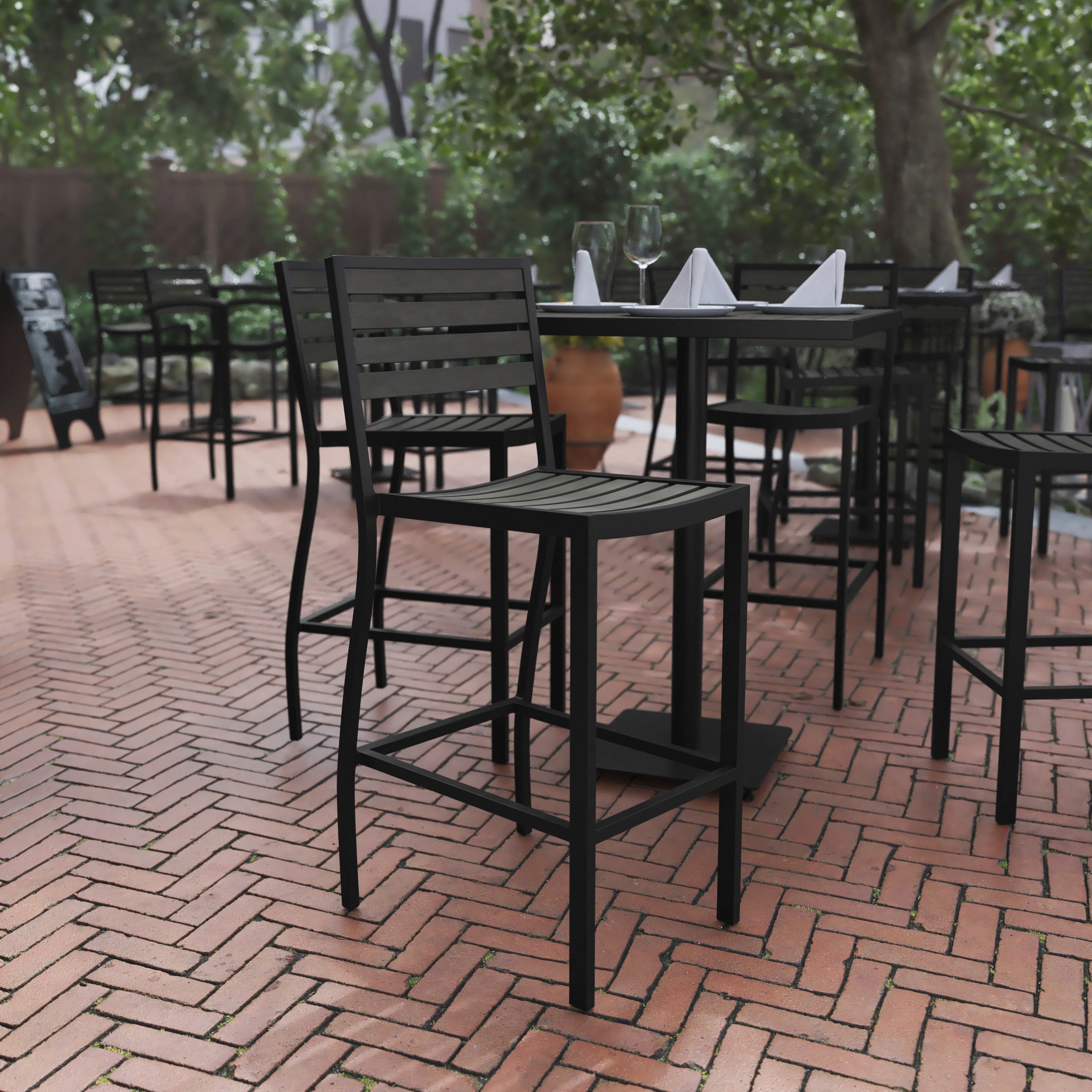 Lark Commercial Grade Bar Height Stool, All-Weather Outdoor Bar Stool with Faux Wood Poly Resin Slats and Aluminum Frame, Gray Wash