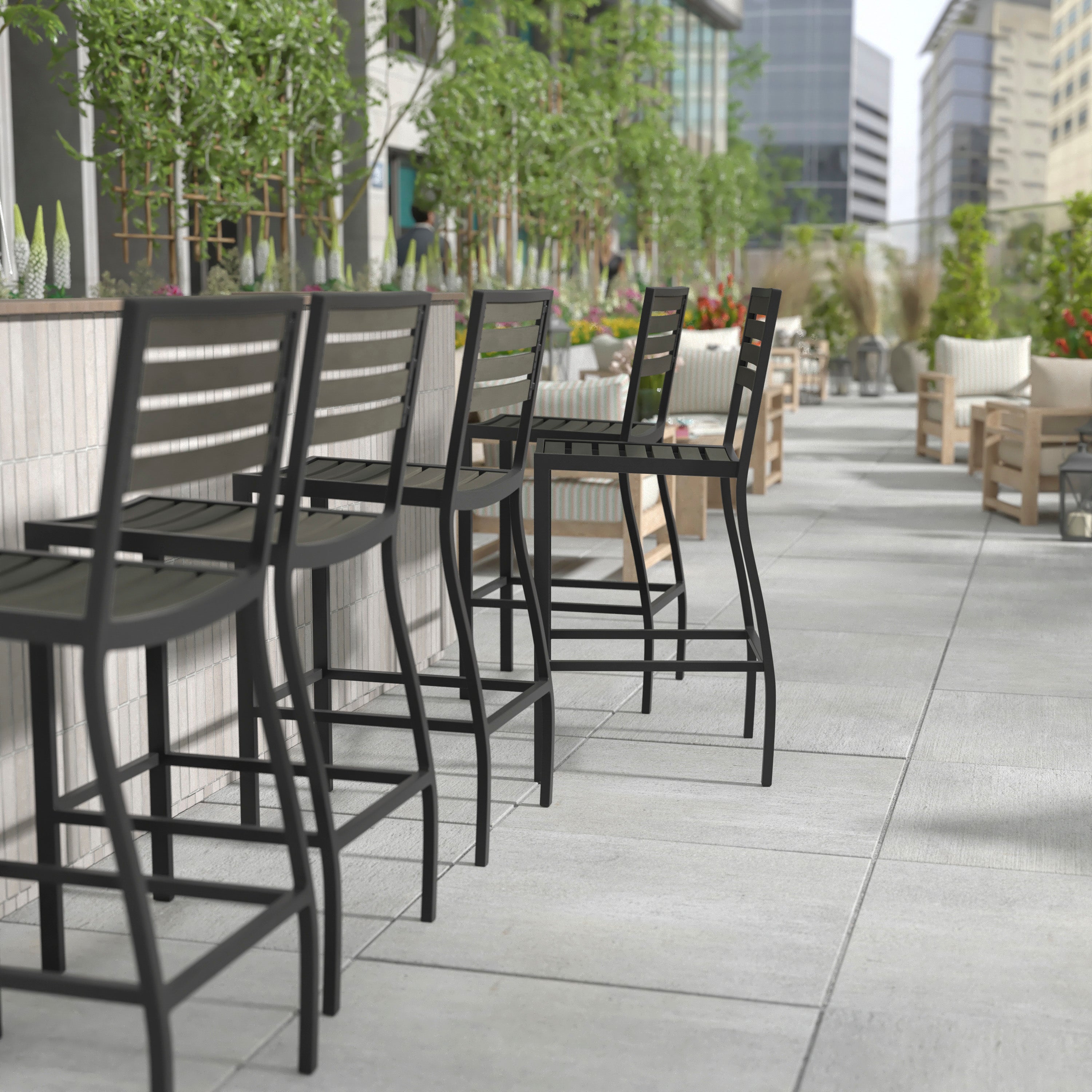 Lark Commercial Grade Bar Height Stool, All-Weather Outdoor Bar Stool with Faux Wood Poly Resin Slats and Aluminum Frame, Gray Wash