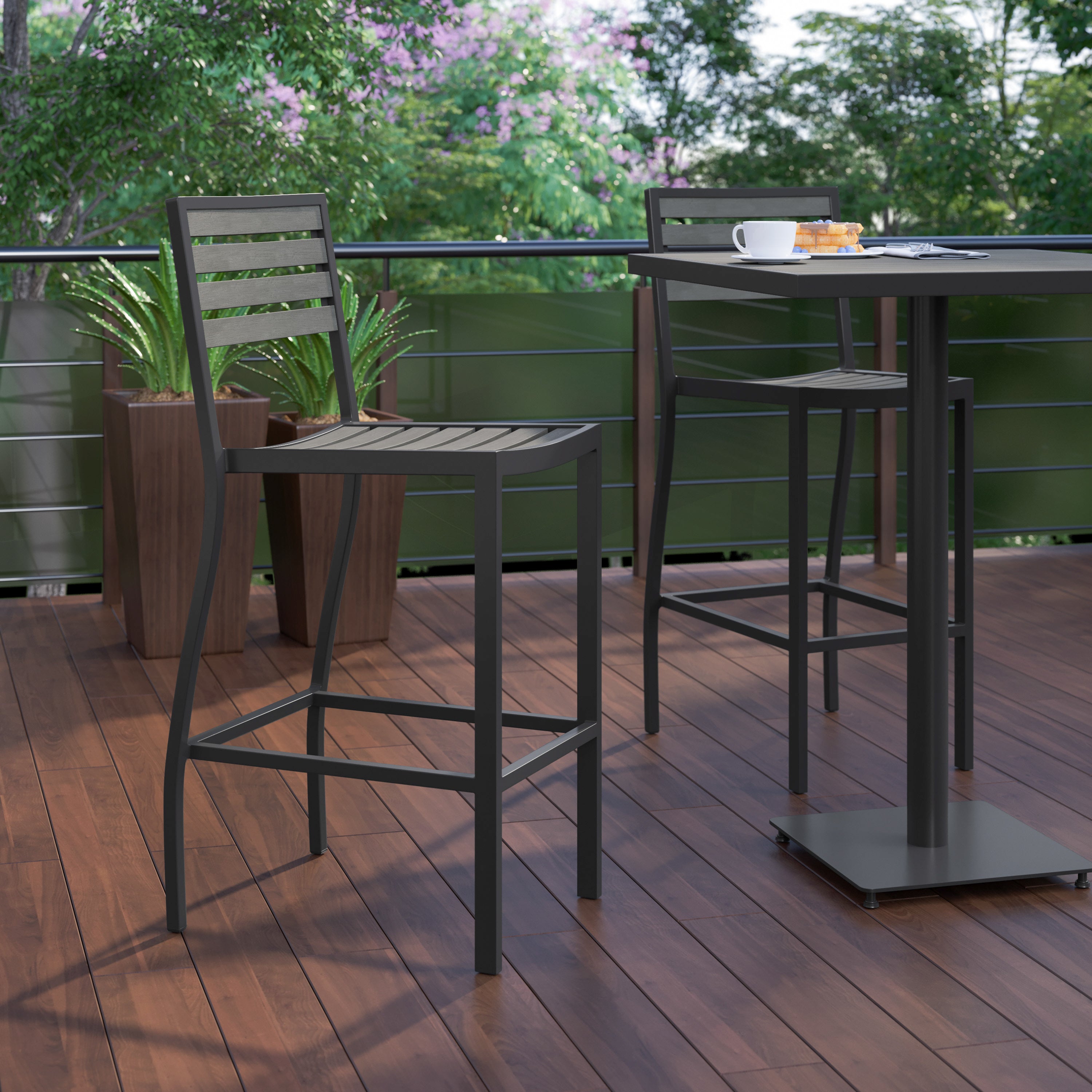 Lark Commercial Grade Bar Height Stool, All-Weather Outdoor Bar Stool with Faux Wood Poly Resin Slats and Aluminum Frame, Gray Wash