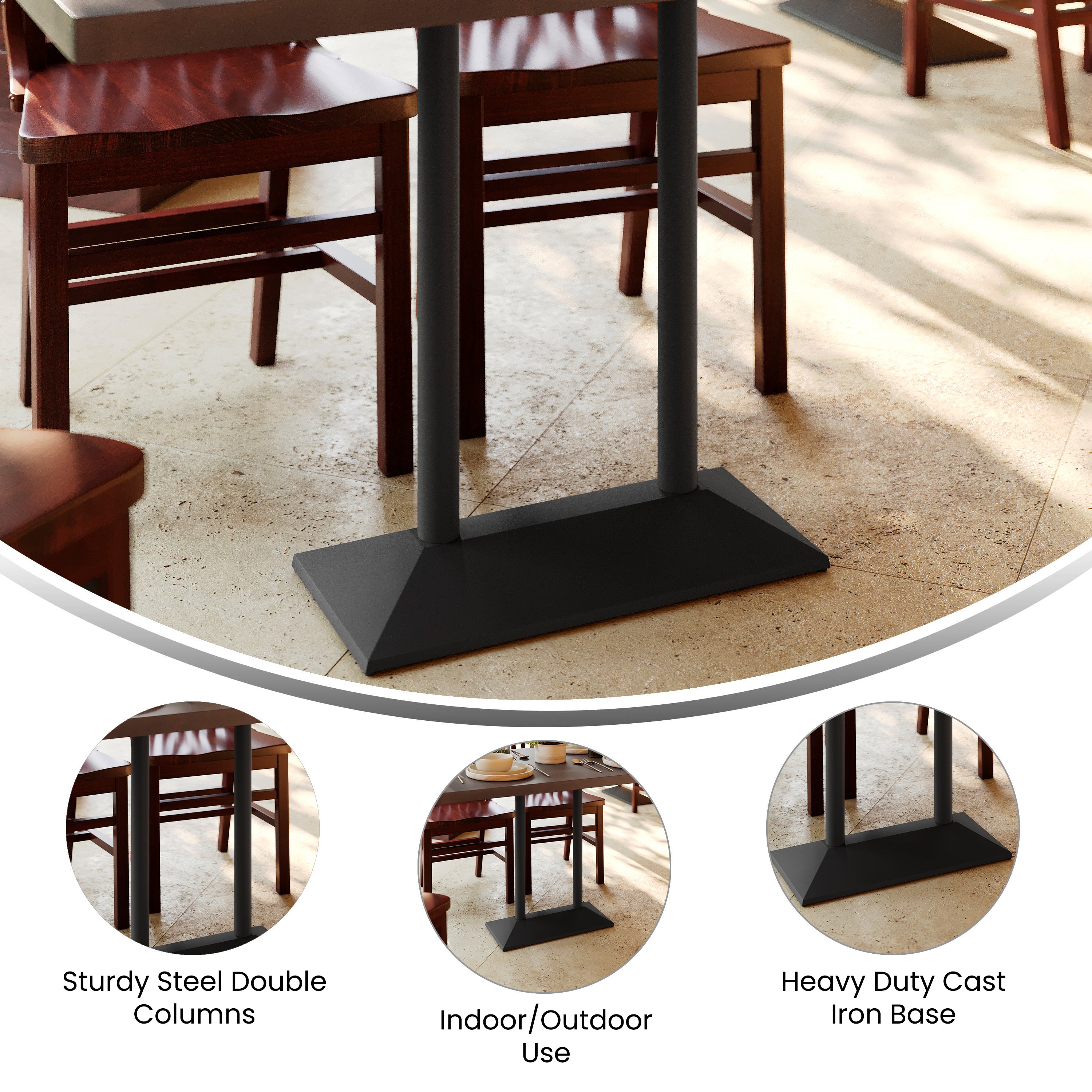 Palis 27"W x 15"D Indoor/Outdoor Dining Height Double Column Table Base for 30" x 48" Table Tops, Black