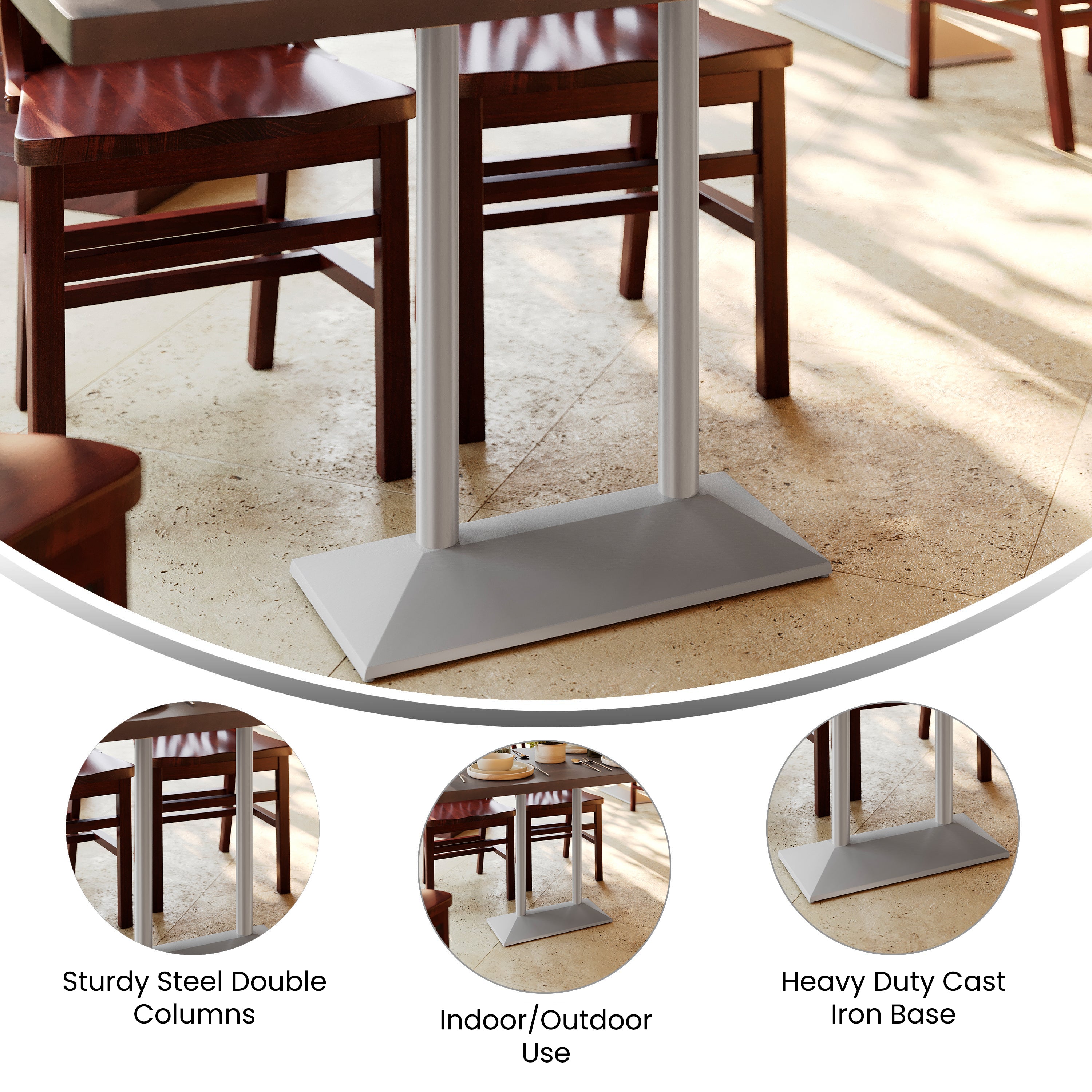 Palis 27"W x 15"D Indoor/Outdoor Dining Height Double Column Table Base for 30" x 48" Table Tops, Silver