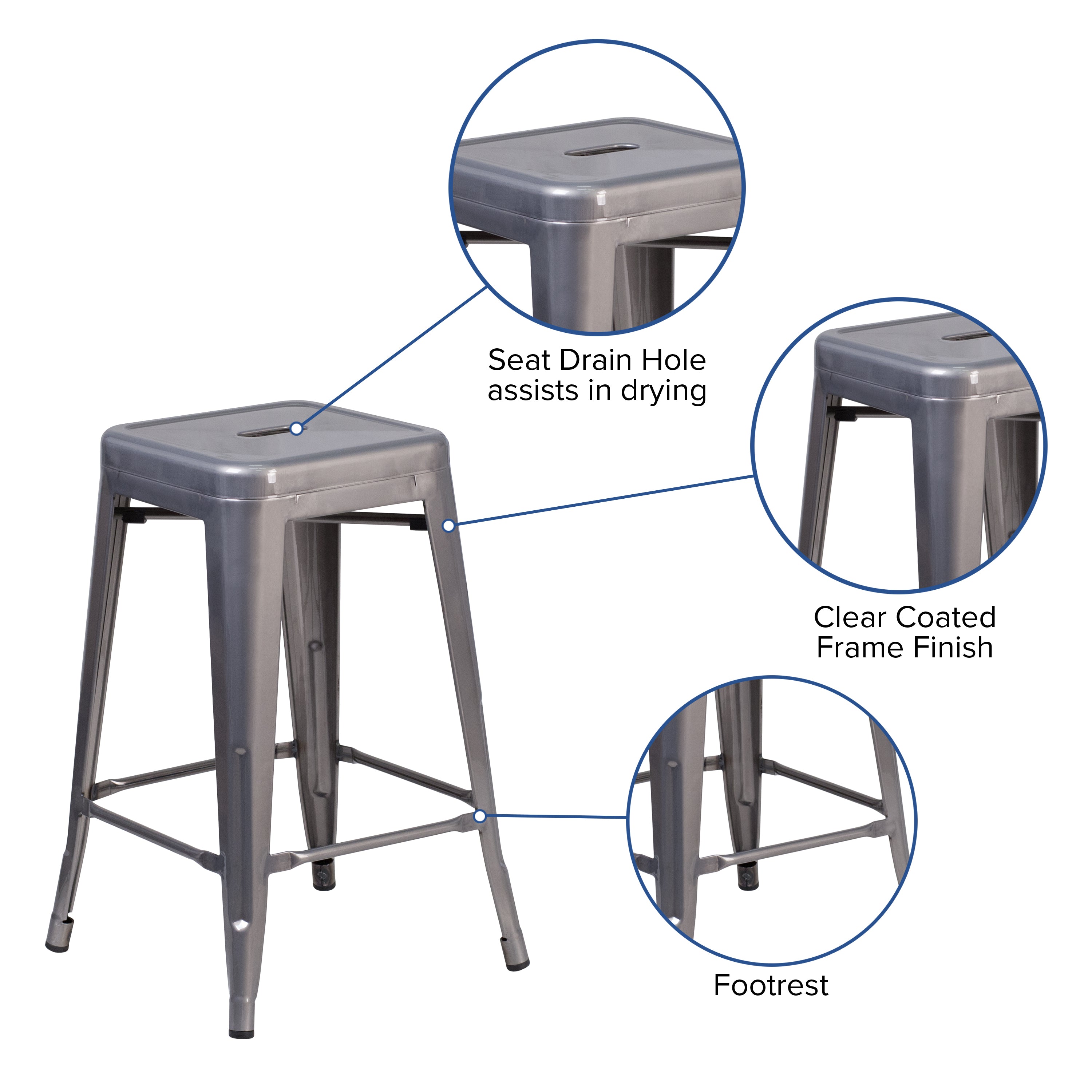 Lincoln 24'' High Backless Silver Antique Finish with Clear Coat Metal Indoor Counter Height Stool with Square Seat
