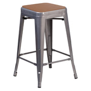 Lincoln 24" Commercial Grade Silver Antique Finish with Clear Coat Metal Indoor Backless Counter Height Stool with Teak Polystyrene Seat