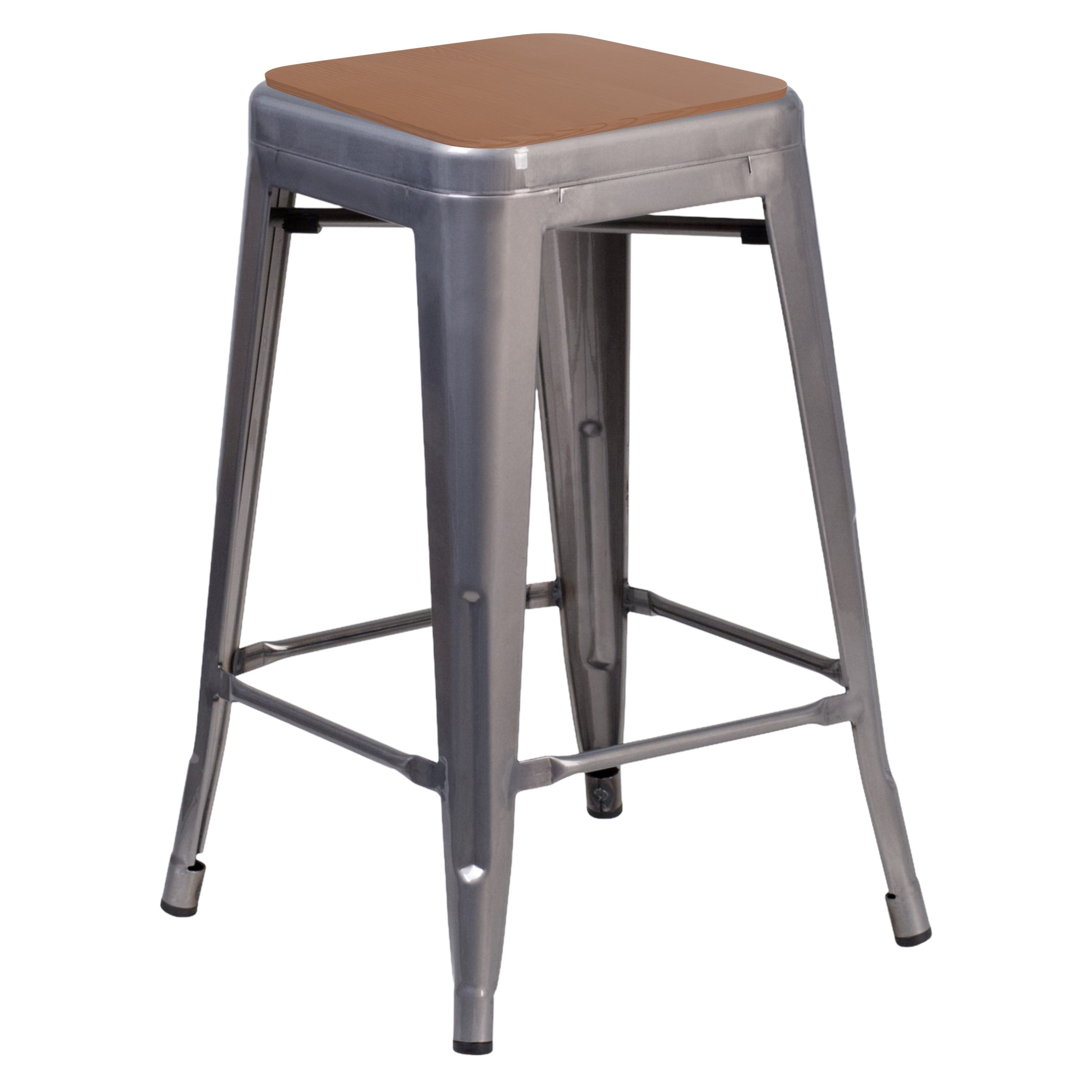 Lincoln 24" Commercial Grade Silver Antique Finish with Clear Coat Metal Indoor Backless Counter Height Stool with Teak Polystyrene Seat