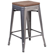 Lincoln 24" High Backless Silver Antique Finish with Clear Coat Metal Counter Height Stool with Square Wood Seat
