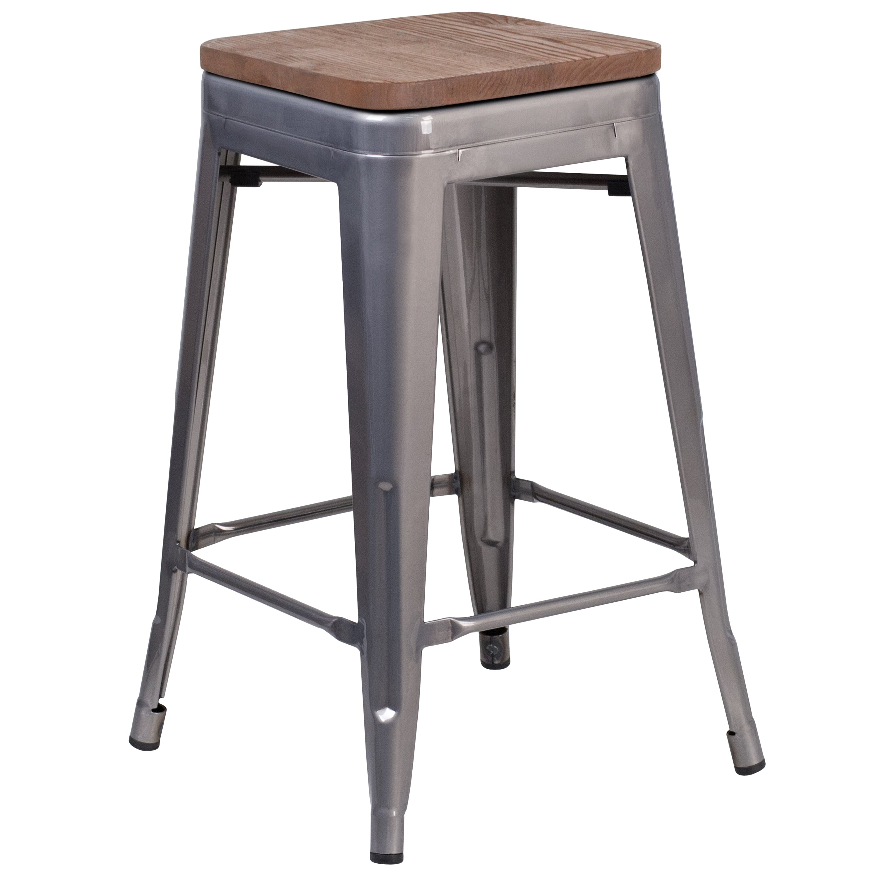 Lincoln 24" High Backless Silver Antique Finish with Clear Coat Metal Counter Height Stool with Square Wood Seat