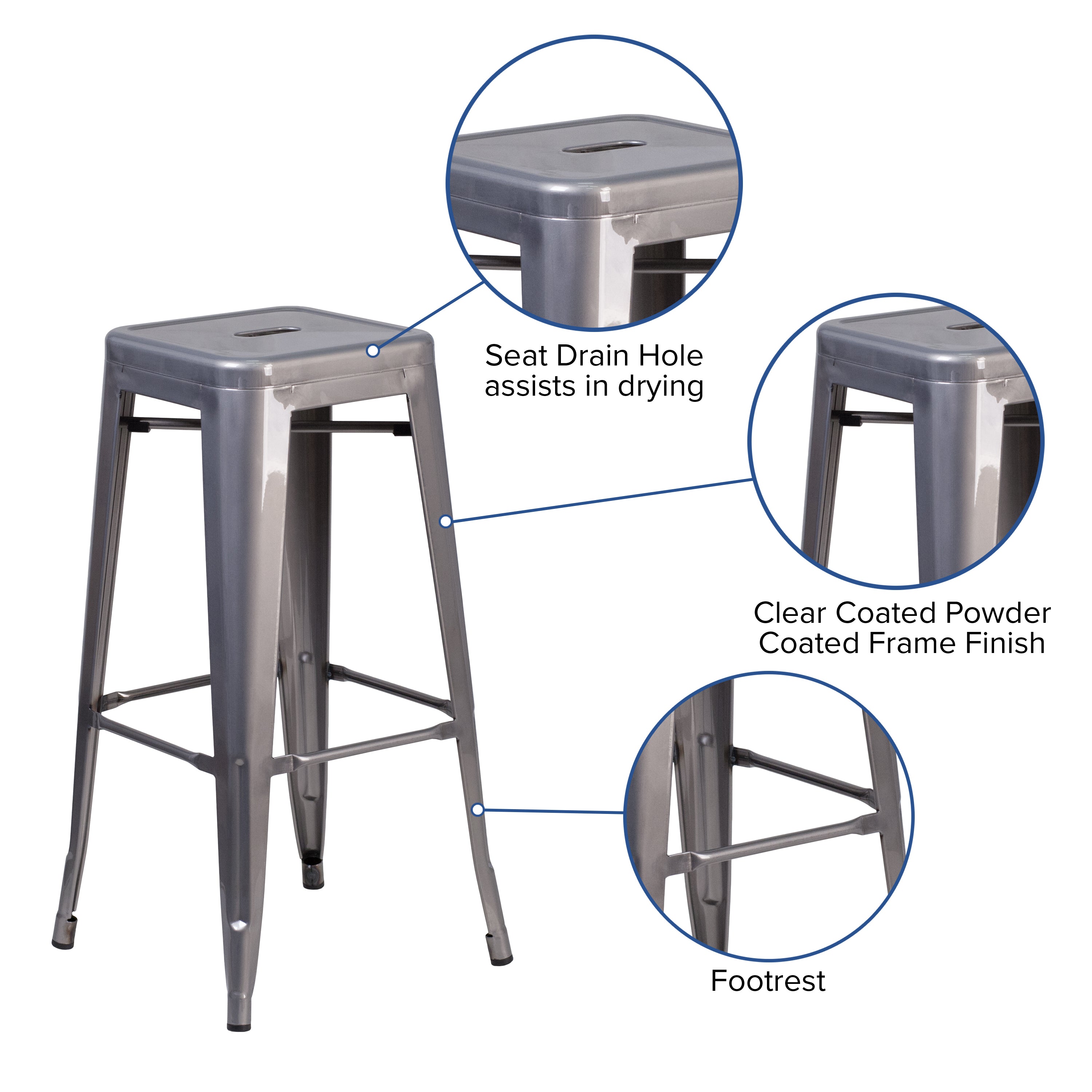 Lincoln 30'' High Backless Silver Antique Finish with Clear Coat Metal Indoor Barstool with Square Seat