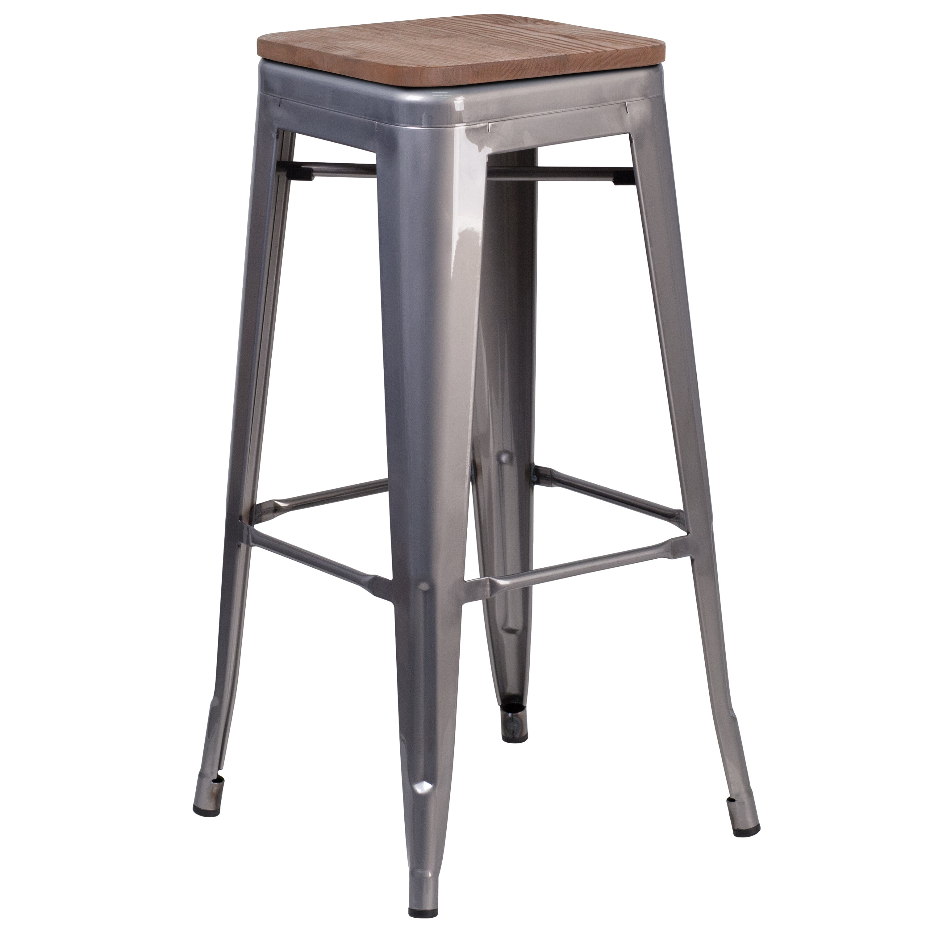Lincoln 30" High Backless Silver Antique Finish with Clear Coat Metal Barstool with Square Wood Seat
