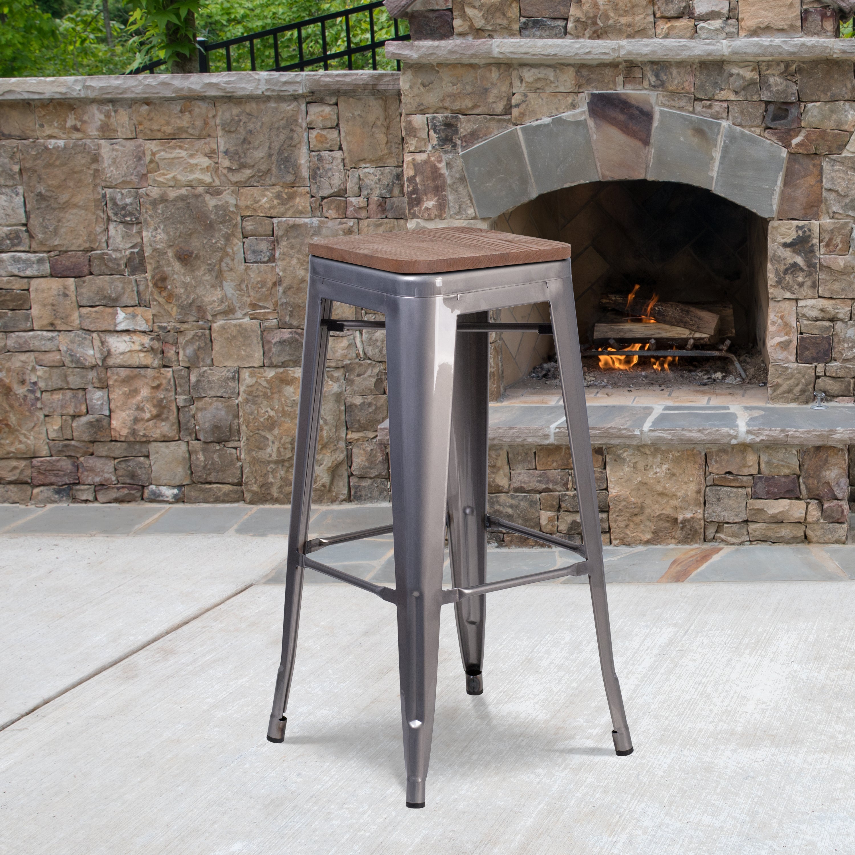 Lincoln 30" High Backless Silver Antique Finish with Clear Coat Metal Barstool with Square Wood Seat