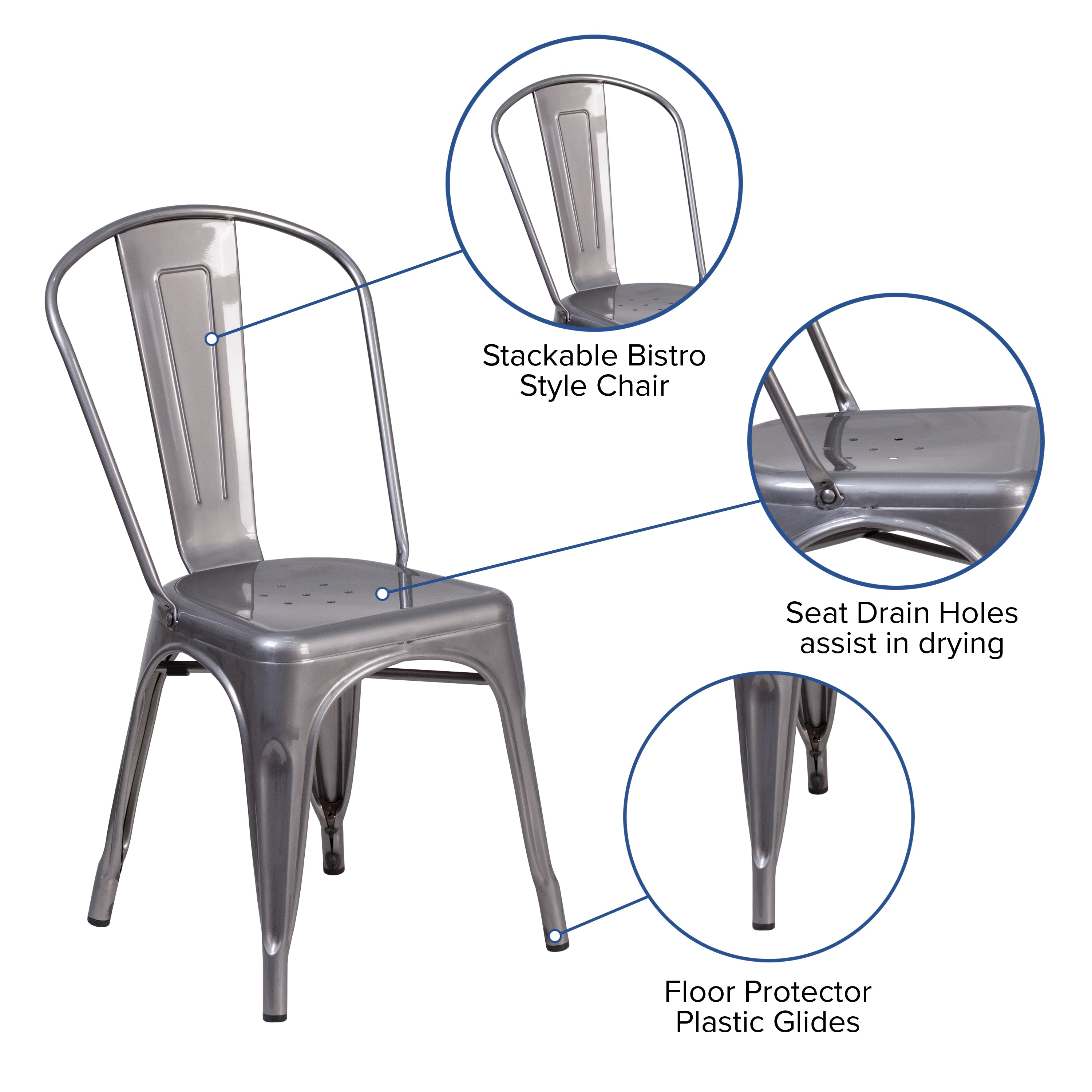 Lincoln Silver Antique Finish with Clear Coat Metal Indoor Stackable Chair