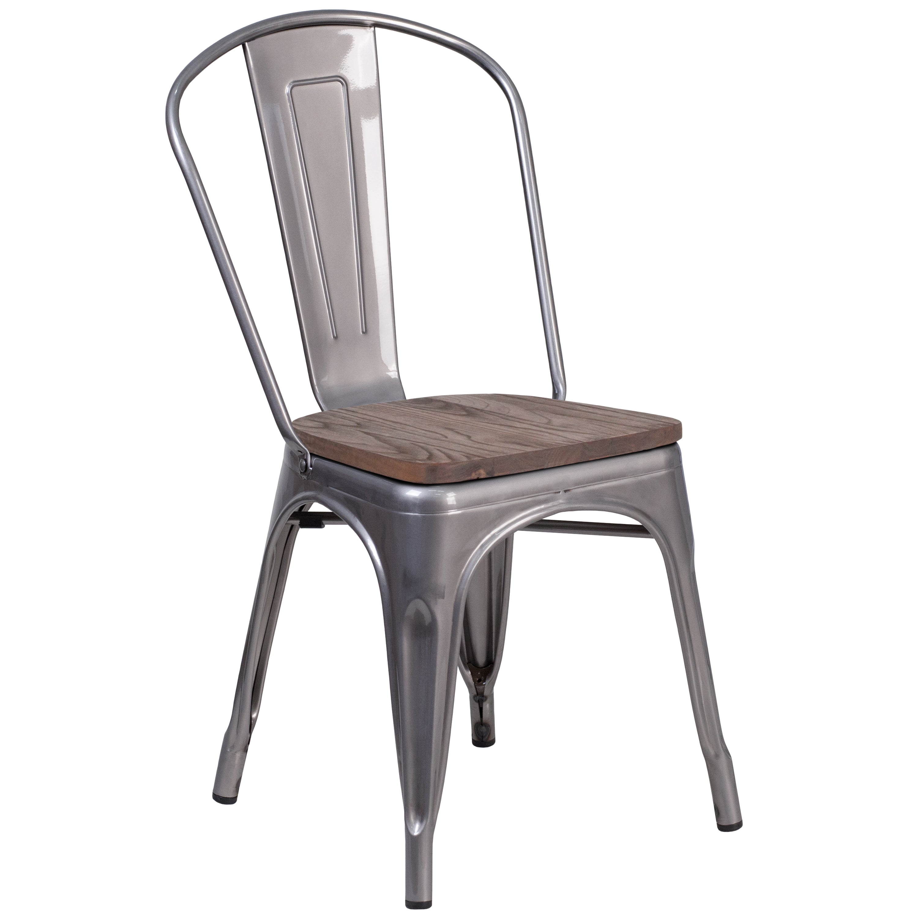 Lincoln Silver Antique Finish with Clear Coat Metal Stackable Chair with Wood Seat