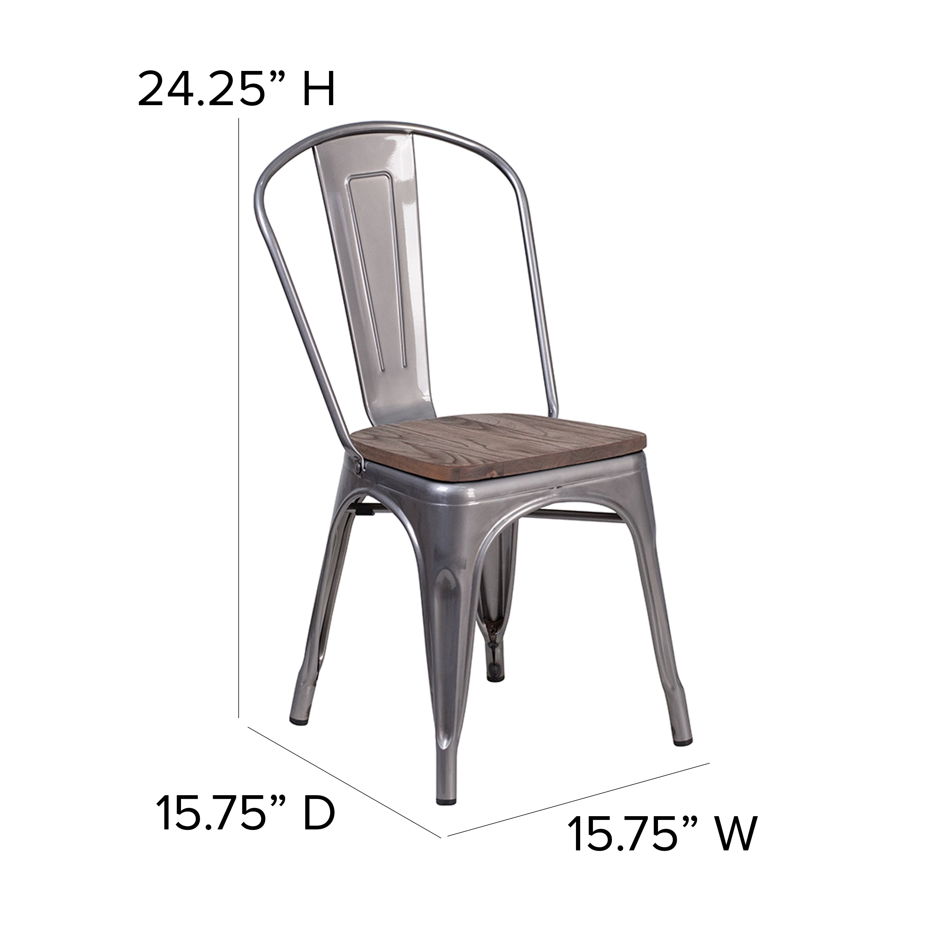 Lincoln Silver Antique Finish with Clear Coat Metal Stackable Chair with Wood Seat