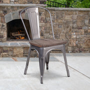 Lincoln Silver Antique Finish with Clear Coat Metal Stackable Chair with Wood Seat