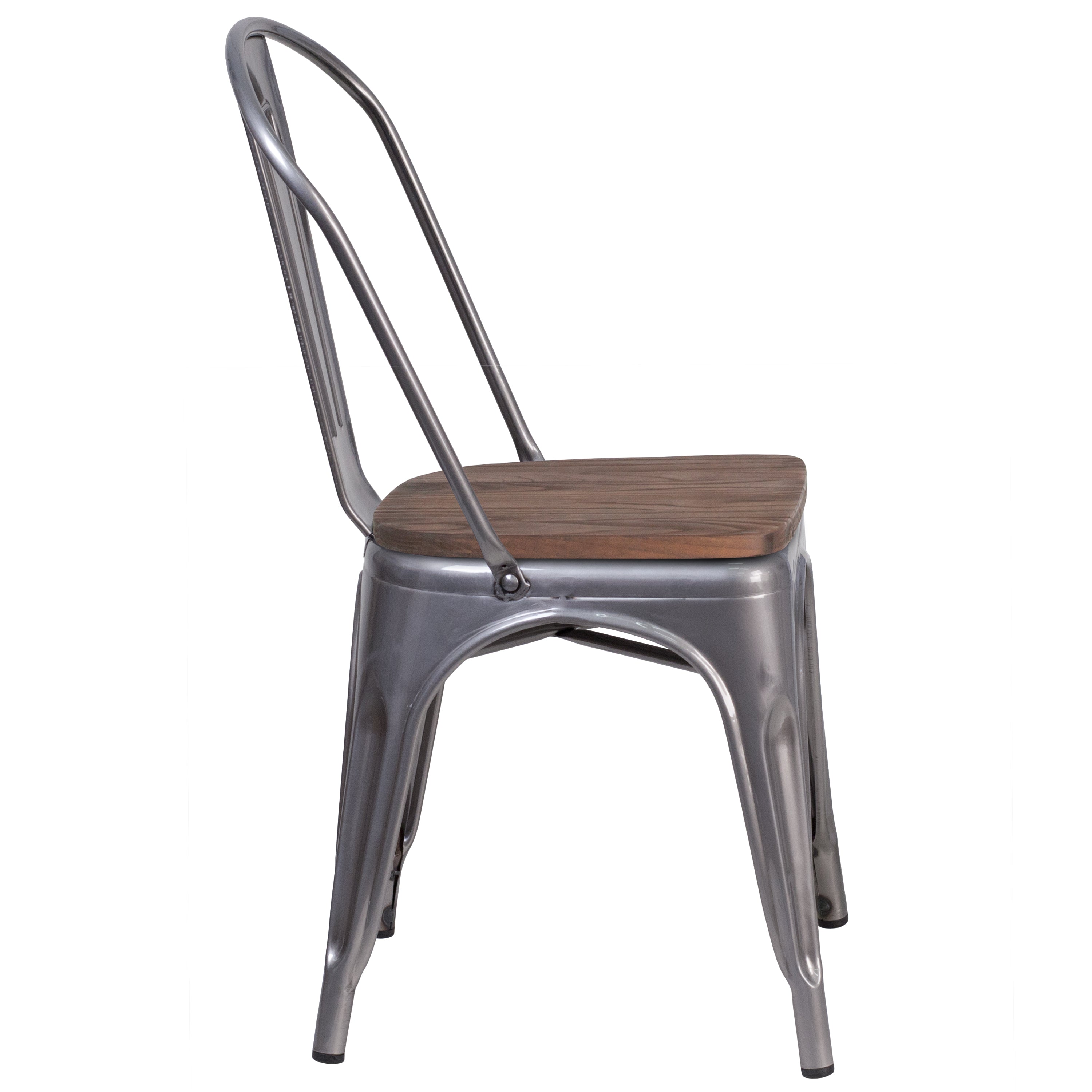 Lincoln Silver Antique Finish with Clear Coat Metal Stackable Chair with Wood Seat