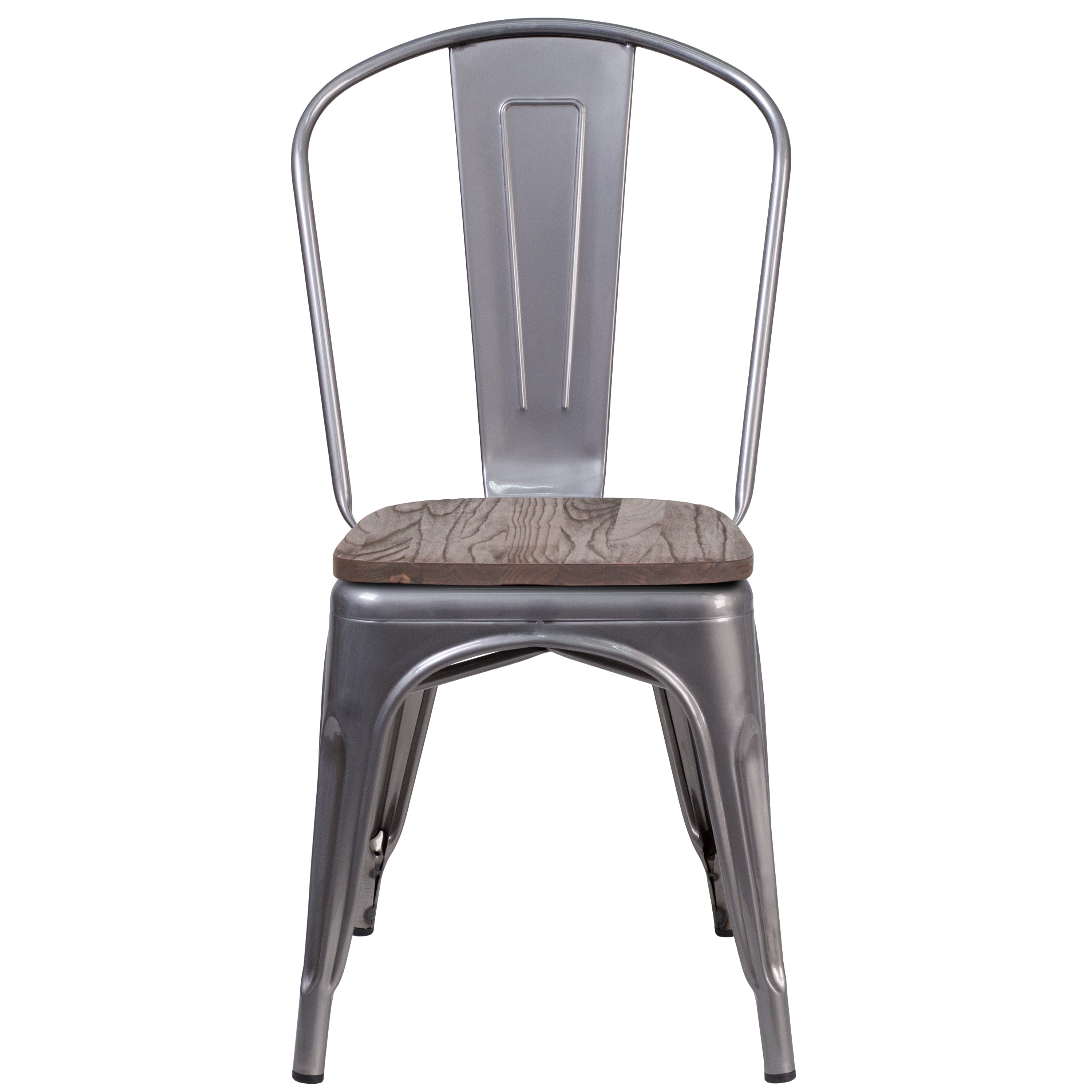 Lincoln Silver Antique Finish with Clear Coat Metal Stackable Chair with Wood Seat