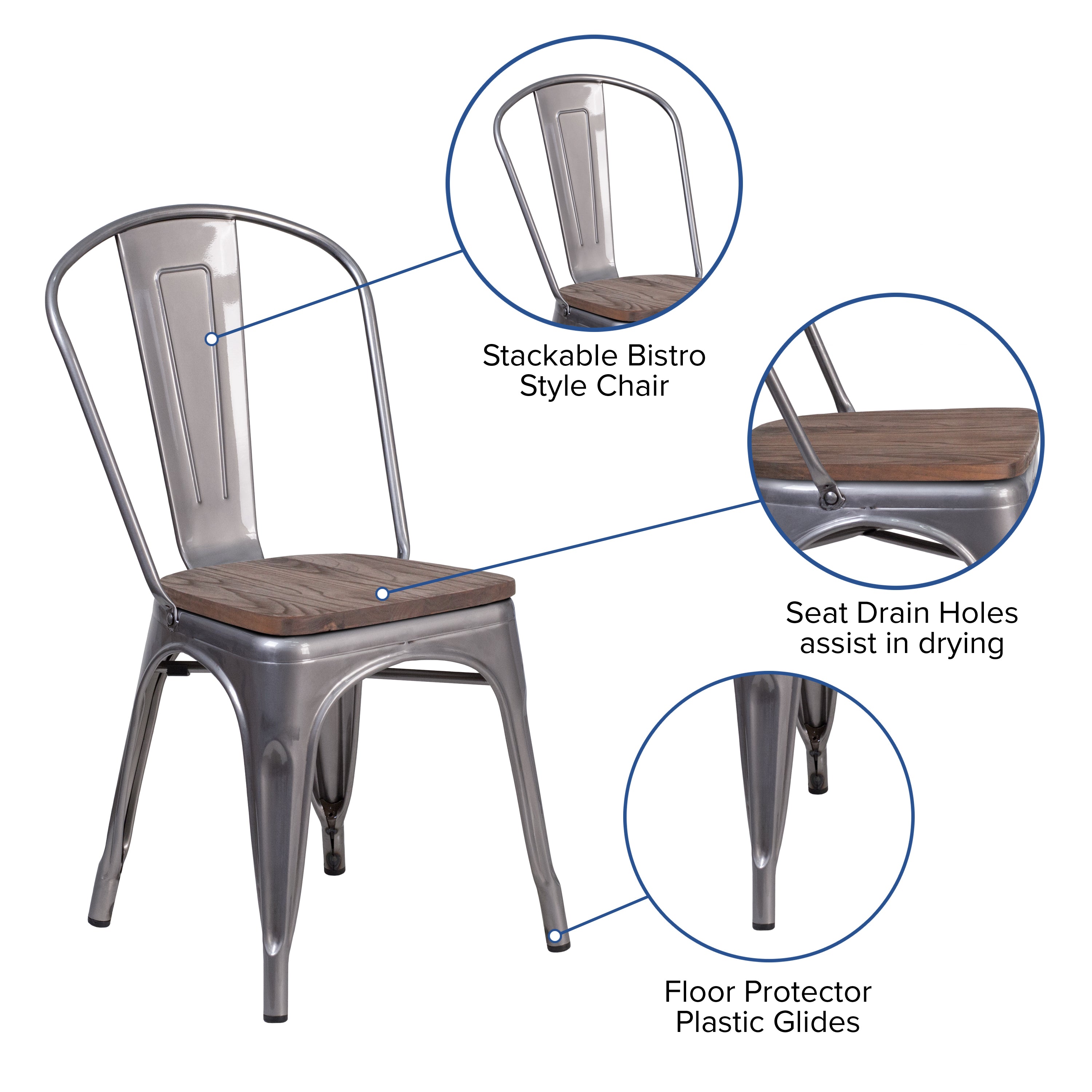 Lincoln Silver Antique Finish with Clear Coat Metal Stackable Chair with Wood Seat