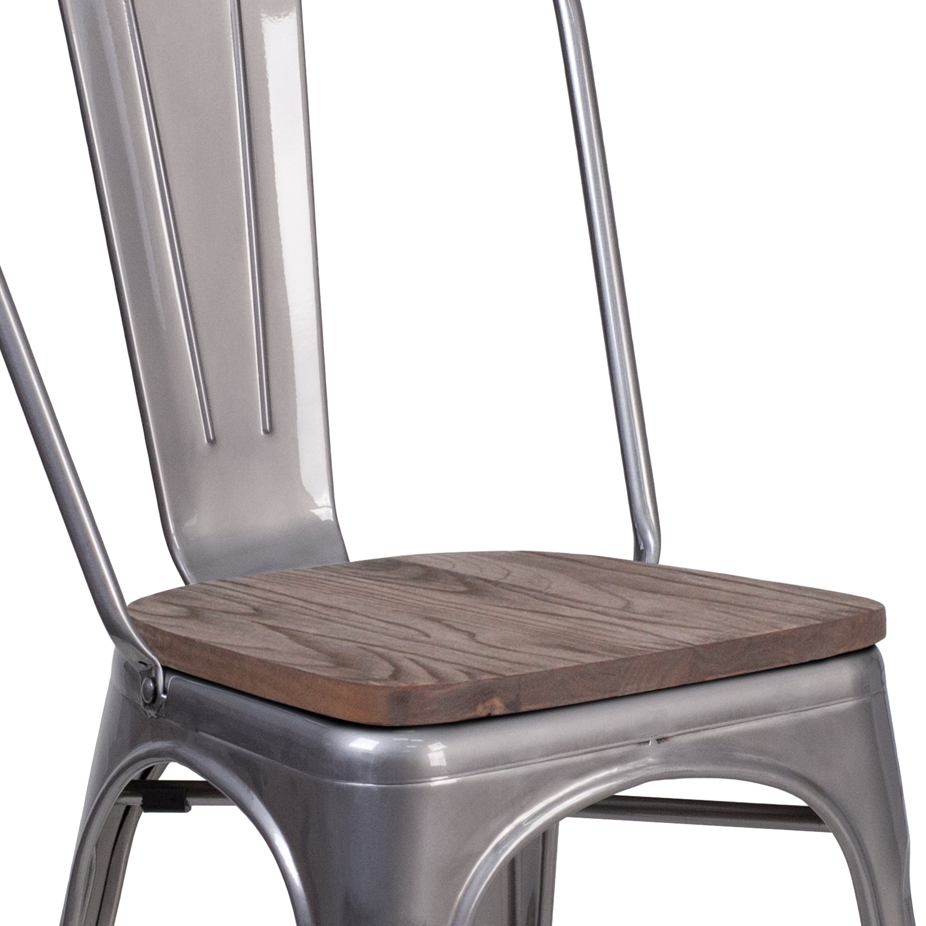 Lincoln Silver Antique Finish with Clear Coat Metal Stackable Chair with Wood Seat