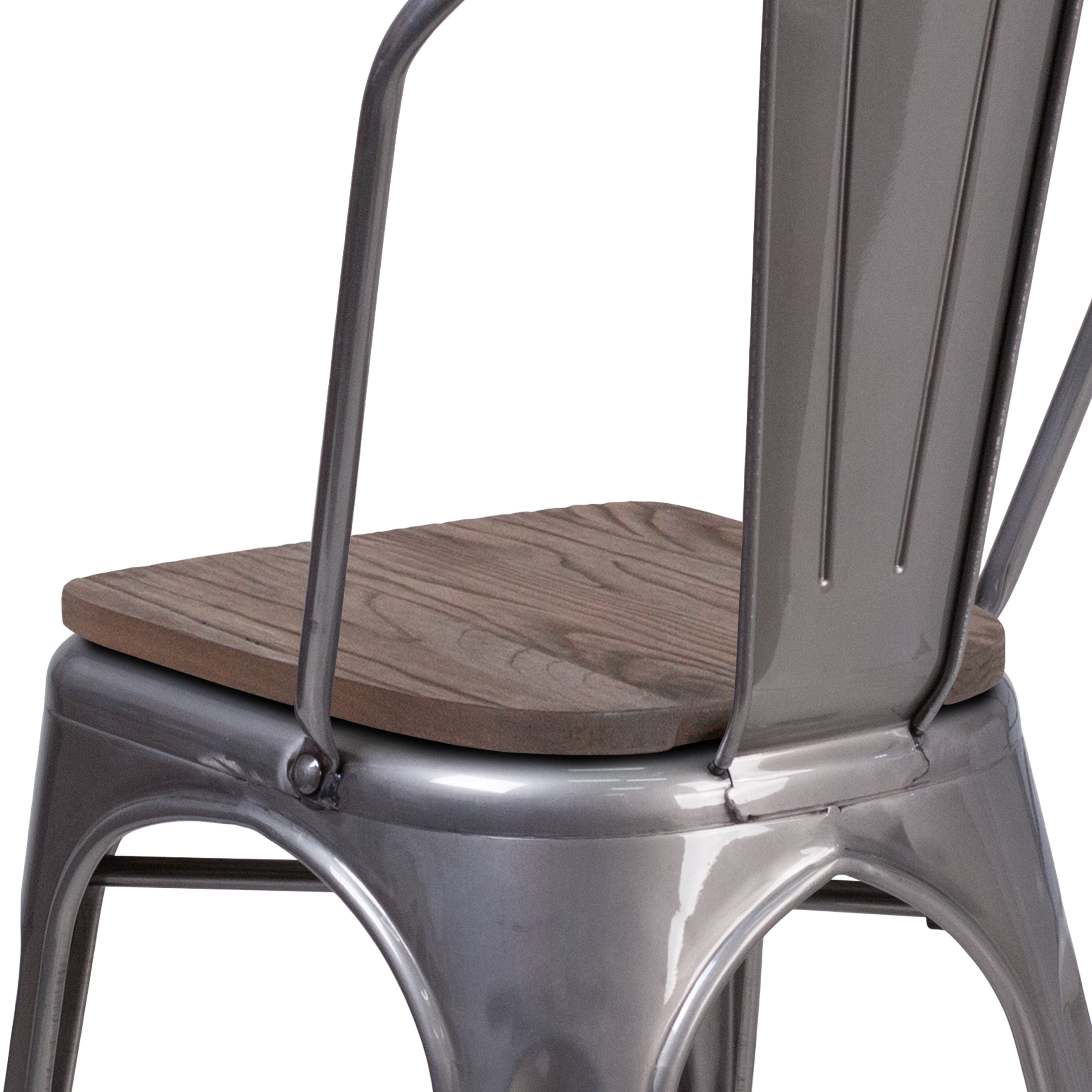 Lincoln Silver Antique Finish with Clear Coat Metal Stackable Chair with Wood Seat