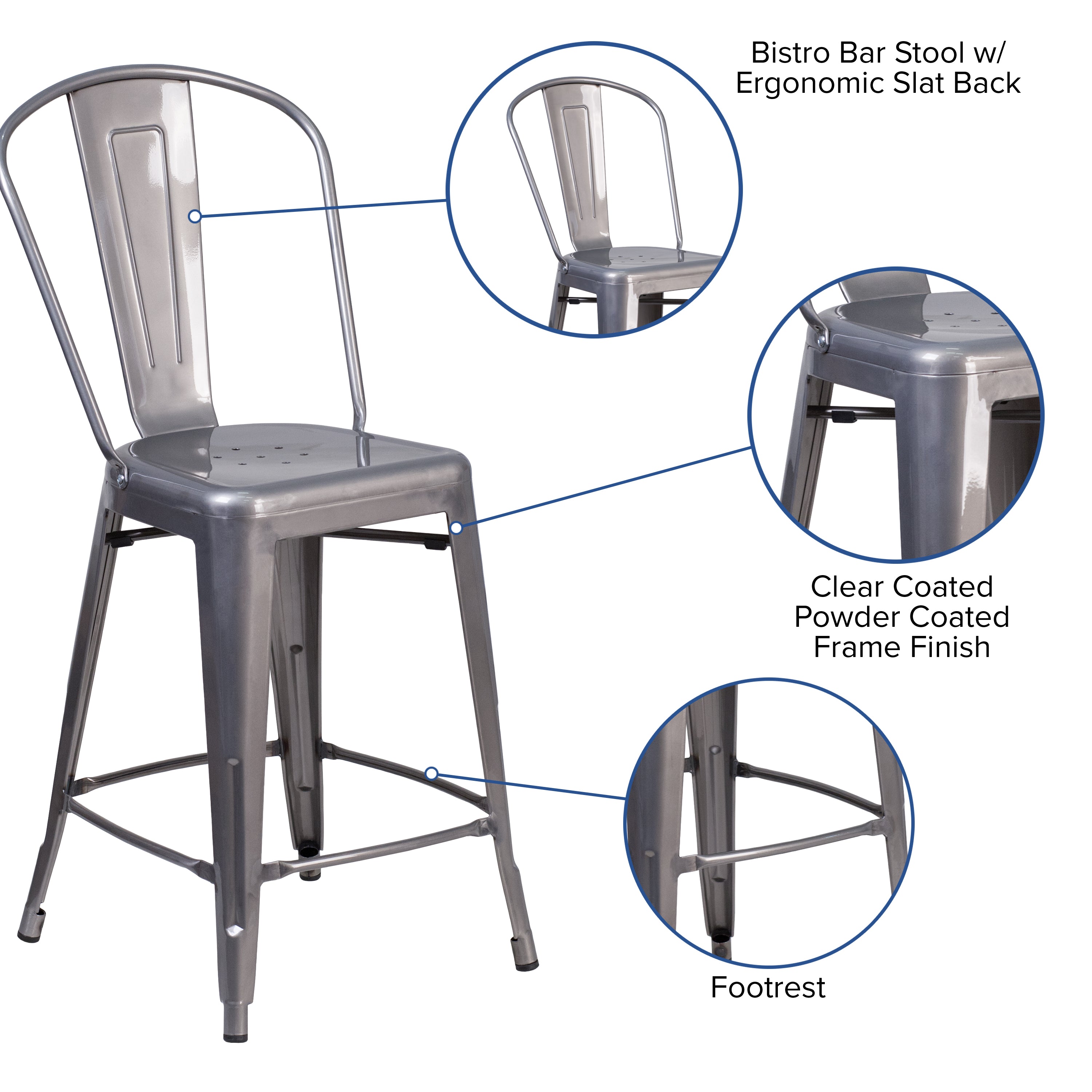 Lincoln 24'' High Silver Antique Finish with Clear Coat Indoor Counter Height Stool with Back