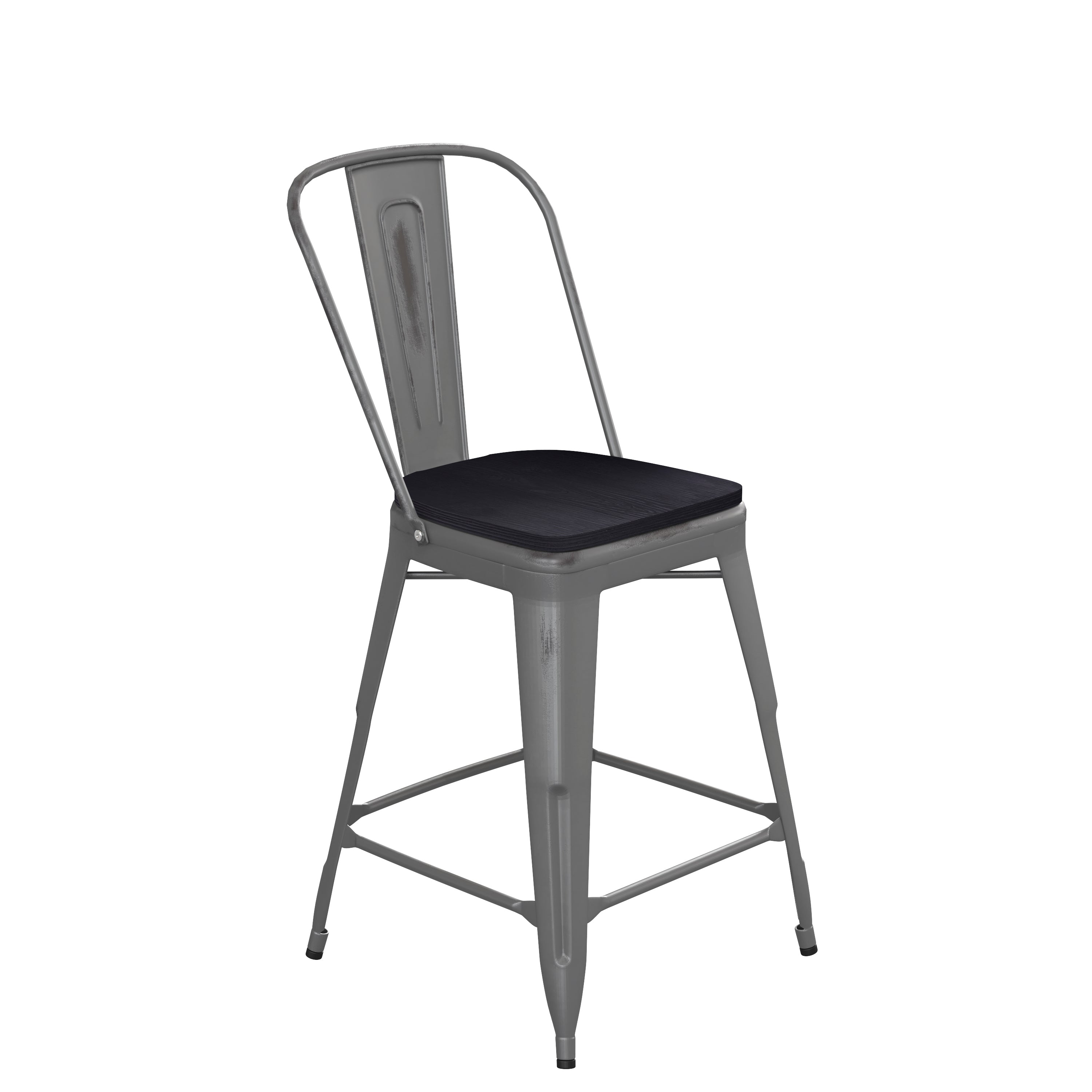 Lincoln 24'' High Silver Antique Finish with Clear Coat Indoor Counter Height Stool with Back and Black Poly Resin Wood Seat