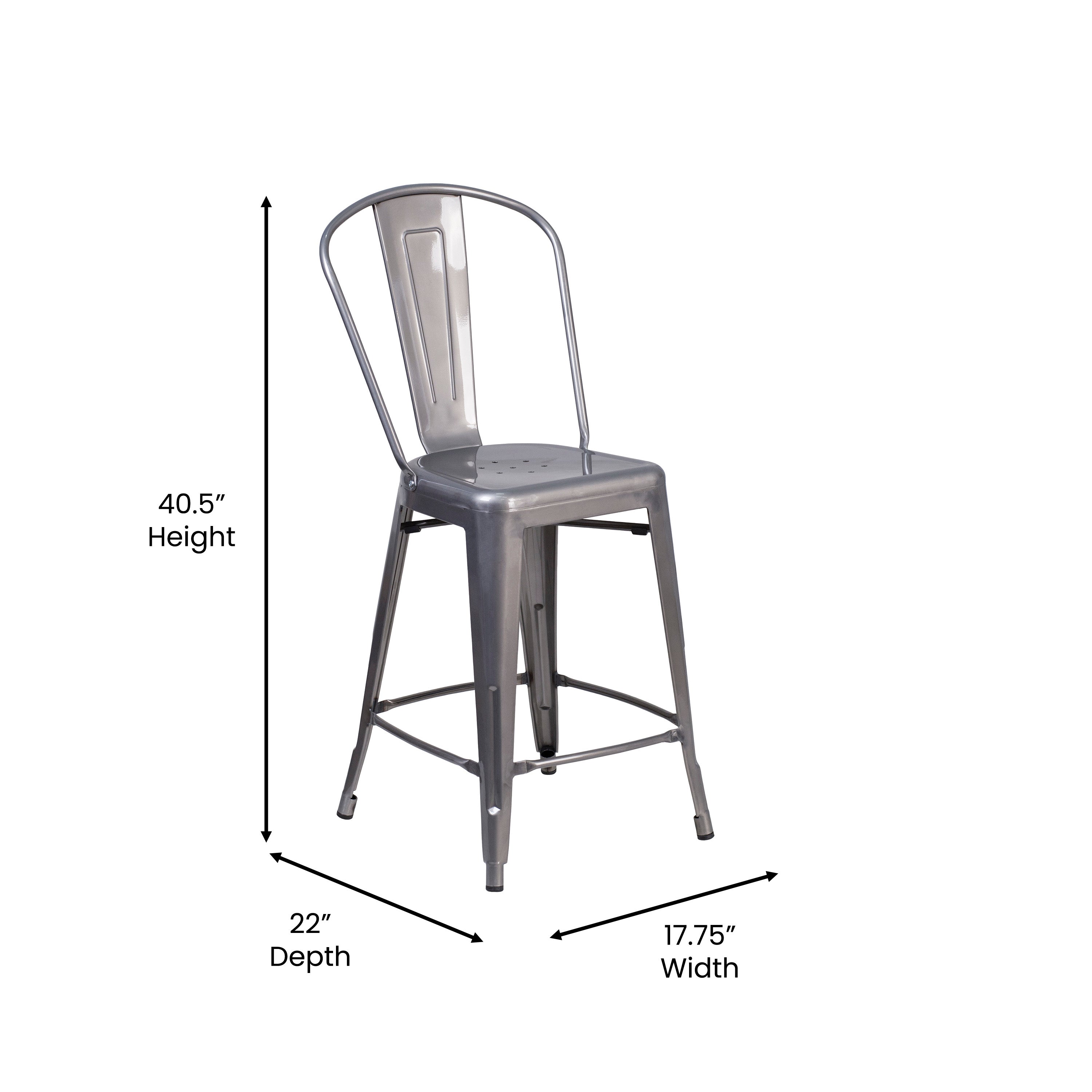 Lincoln 24'' High Silver Antique Finish with Clear Coat Indoor Counter Height Stool with Back and Black Poly Resin Wood Seat