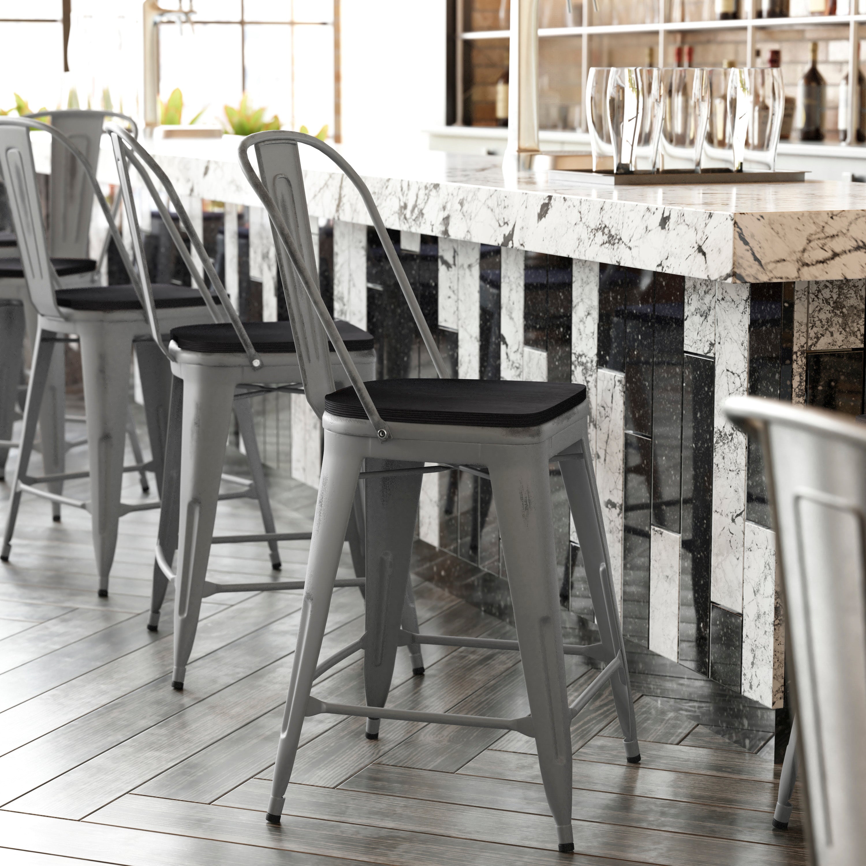 Lincoln 24'' High Silver Antique Finish with Clear Coat Indoor Counter Height Stool with Back and Black Poly Resin Wood Seat
