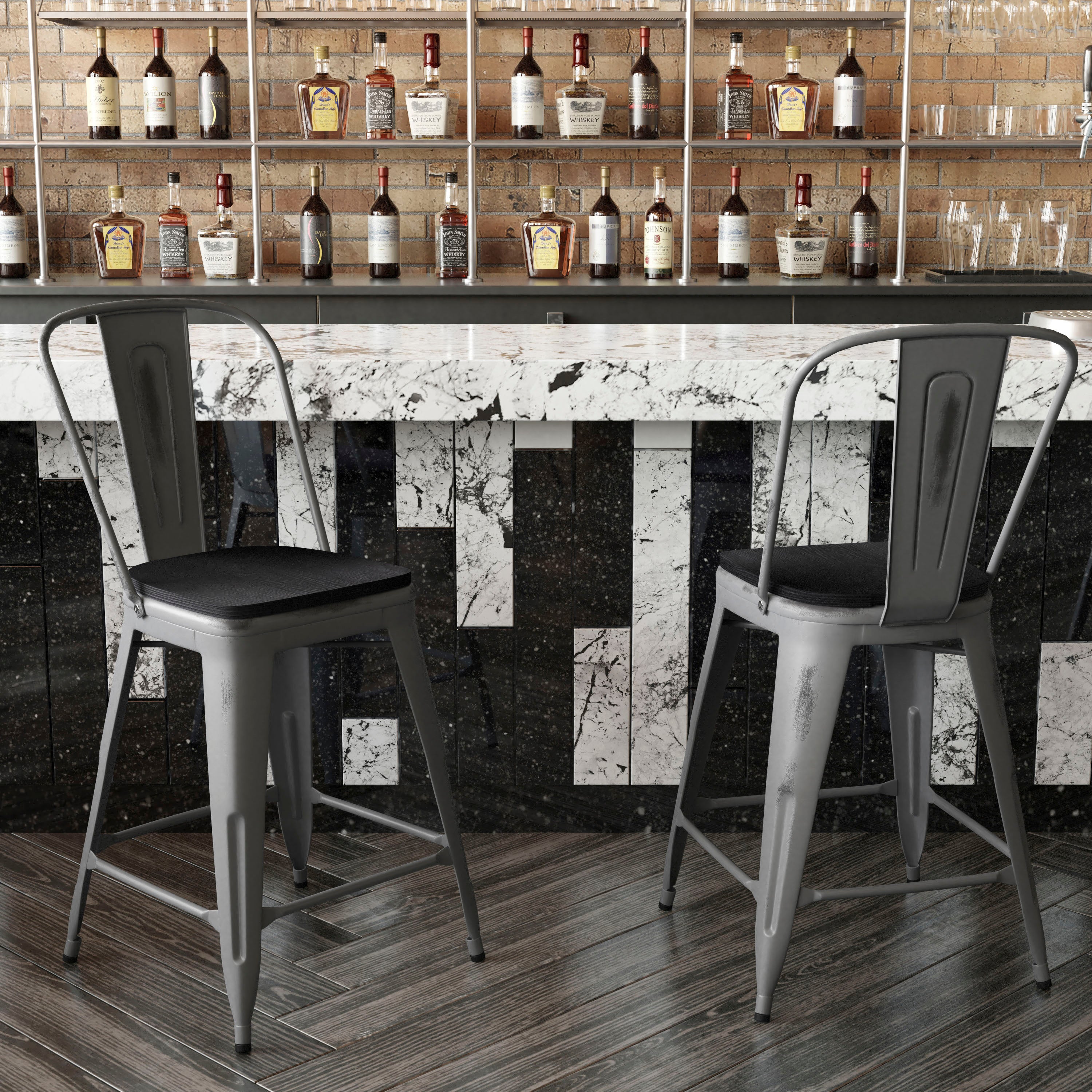Lincoln 24'' High Silver Antique Finish with Clear Coat Indoor Counter Height Stool with Back and Black Poly Resin Wood Seat
