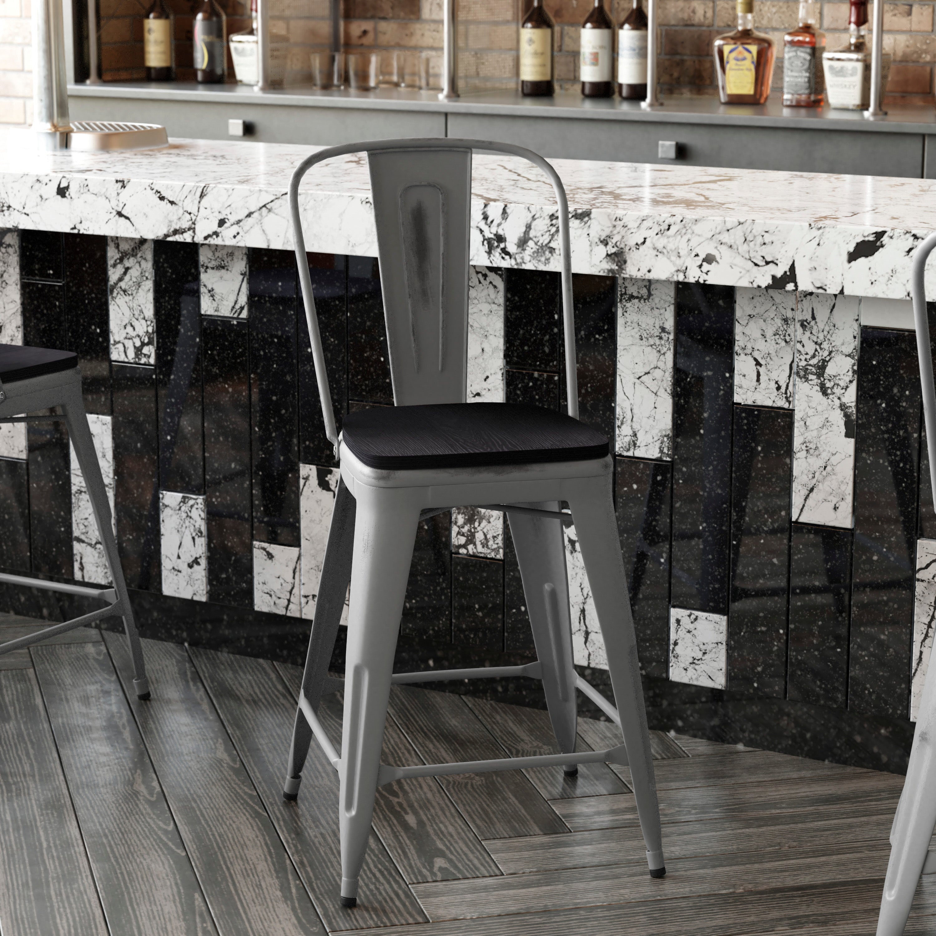 Lincoln 24'' High Silver Antique Finish with Clear Coat Indoor Counter Height Stool with Back and Black Poly Resin Wood Seat