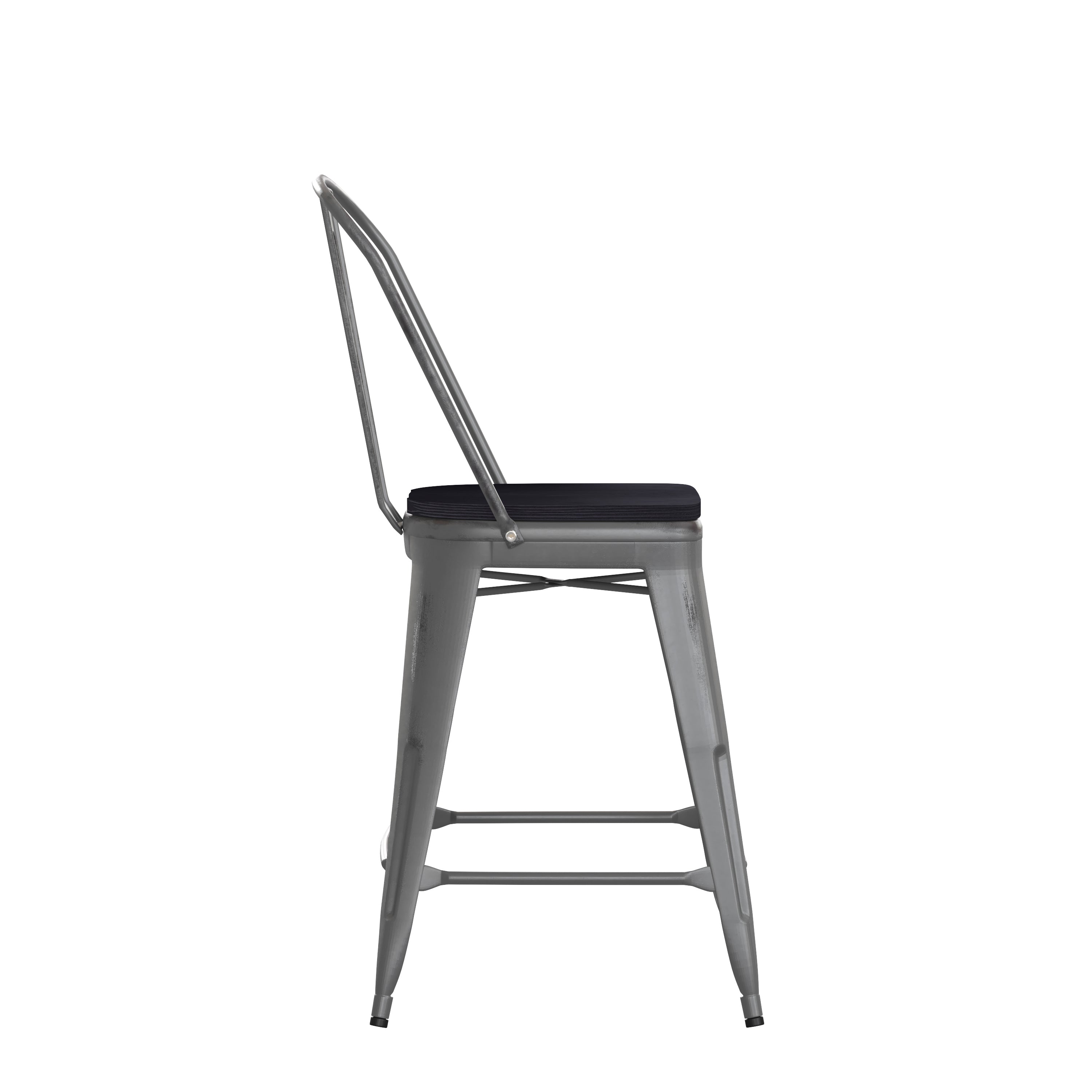 Lincoln 24'' High Silver Antique Finish with Clear Coat Indoor Counter Height Stool with Back and Black Poly Resin Wood Seat