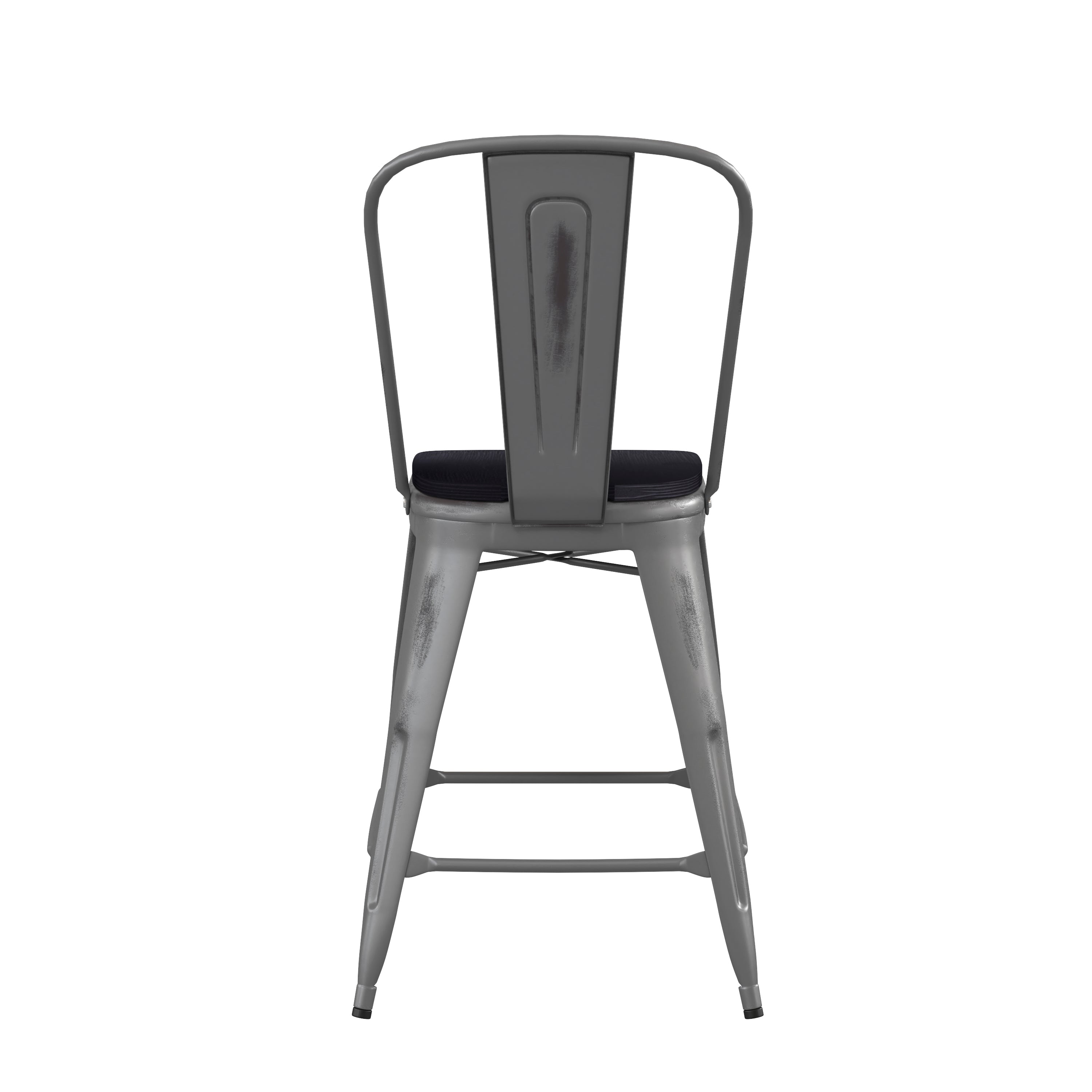 Lincoln 24'' High Silver Antique Finish with Clear Coat Indoor Counter Height Stool with Back and Black Poly Resin Wood Seat
