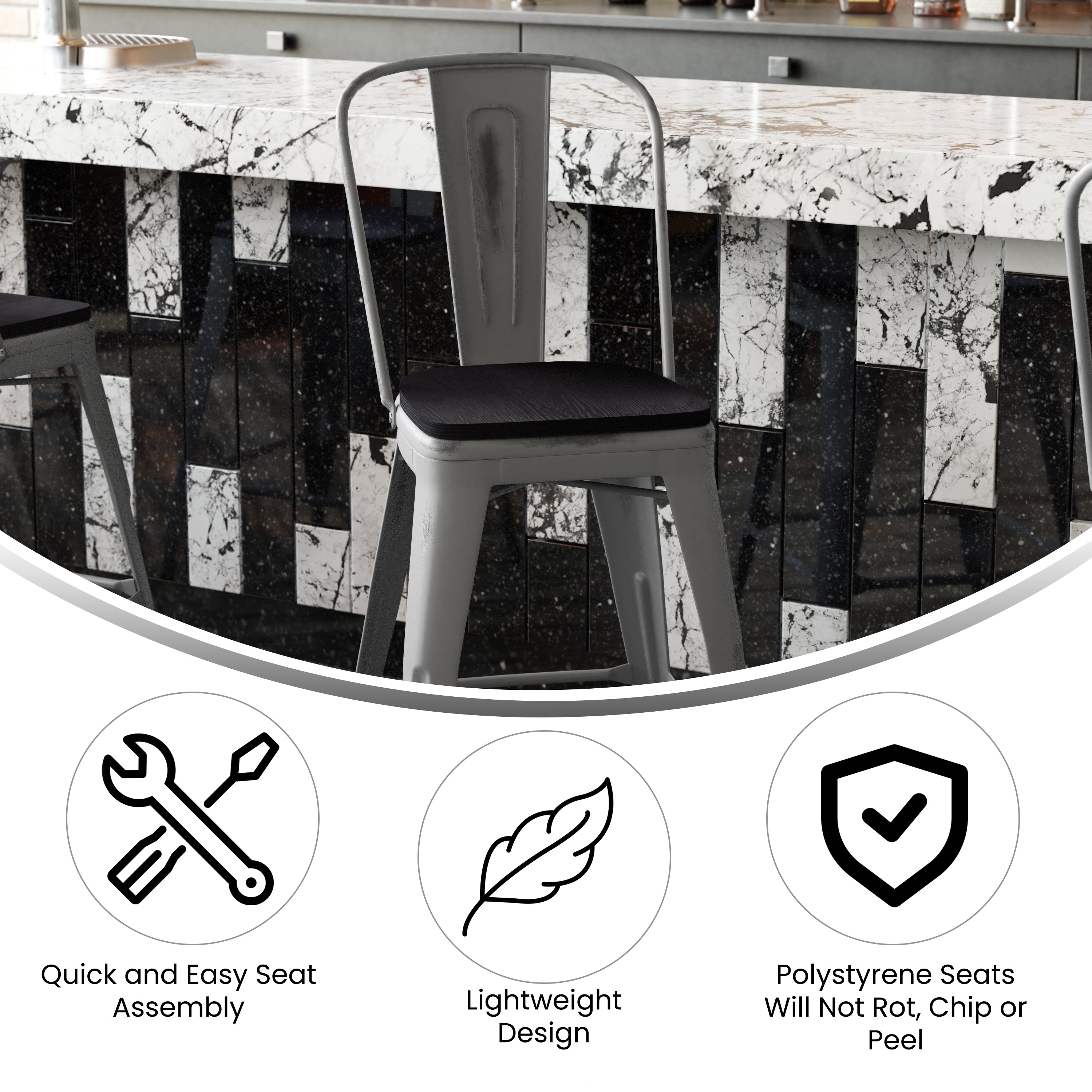 Lincoln 24'' High Silver Antique Finish with Clear Coat Indoor Counter Height Stool with Back and Black Poly Resin Wood Seat