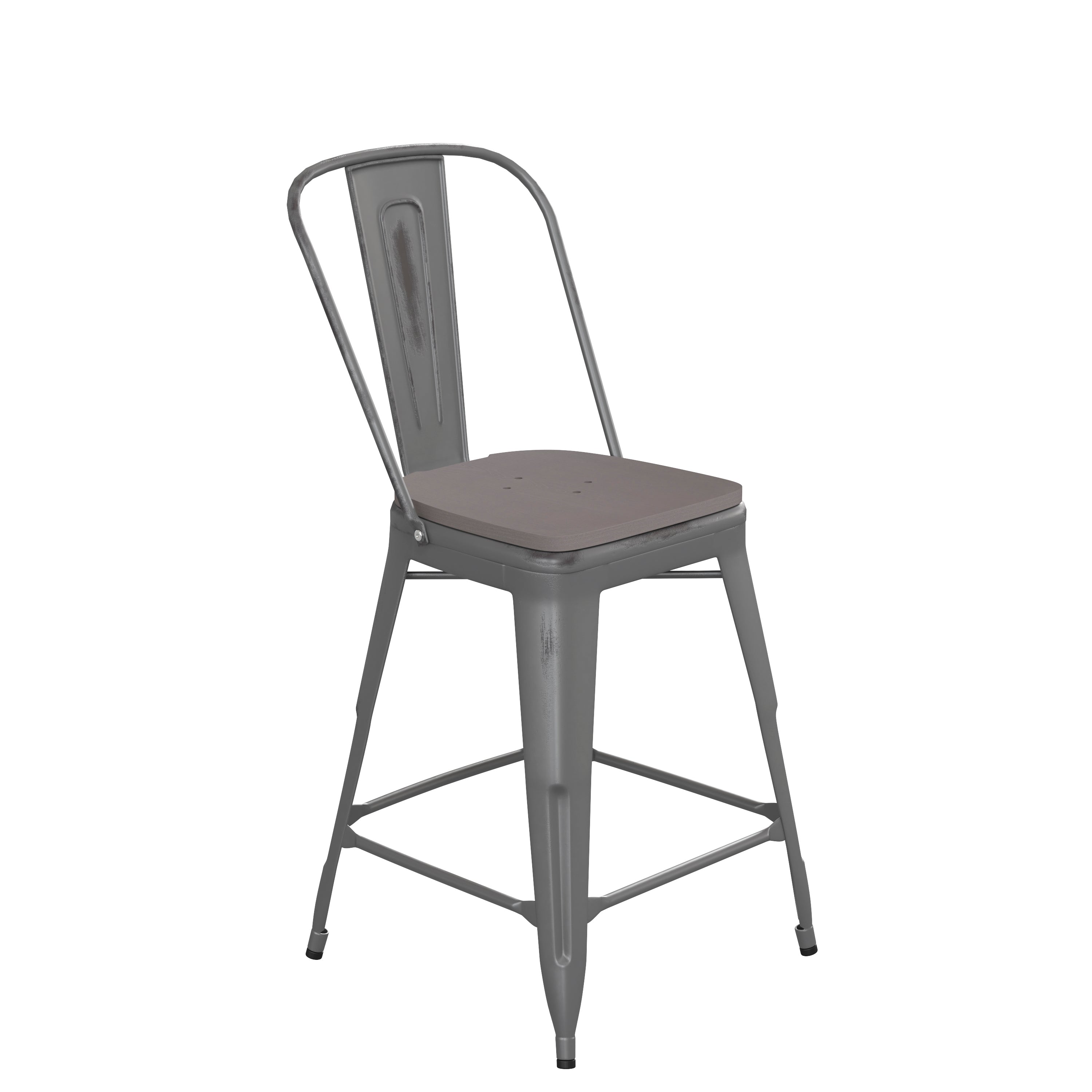 Lincoln 24'' High Silver Antique Finish with Clear Coat Indoor Counter Height Stool with Back and Gray Poly Resin Wood Seat