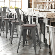 Lincoln 24'' High Silver Antique Finish with Clear Coat Indoor Counter Height Stool with Back and Gray Poly Resin Wood Seat