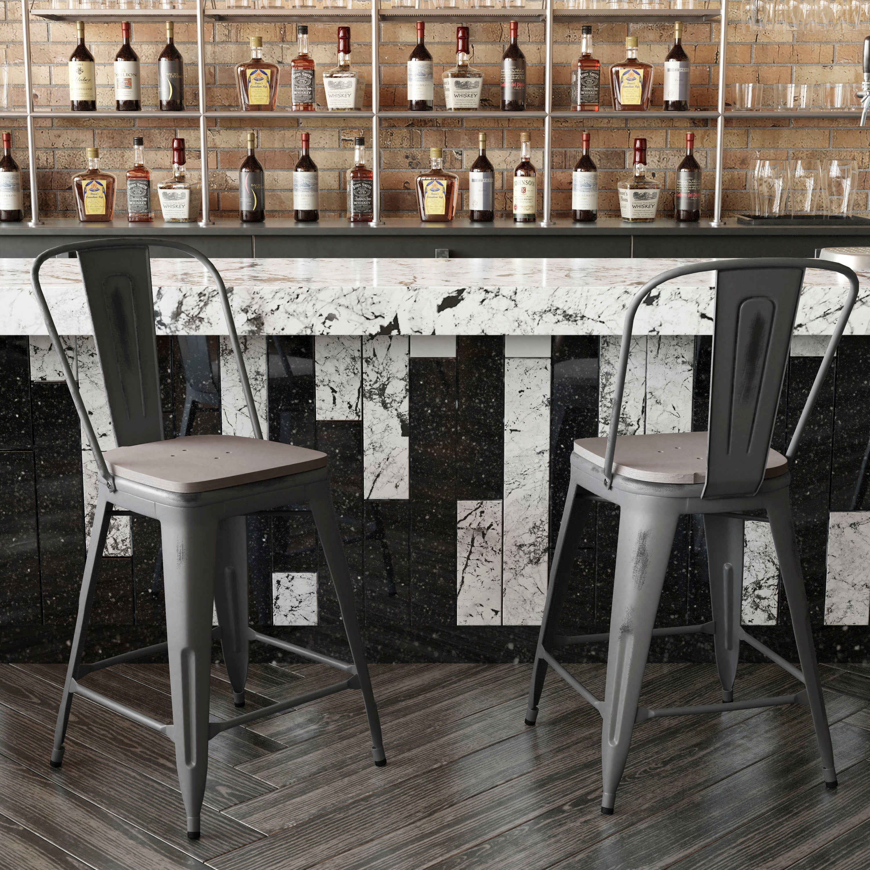 Lincoln 24'' High Silver Antique Finish with Clear Coat Indoor Counter Height Stool with Back and Gray Poly Resin Wood Seat