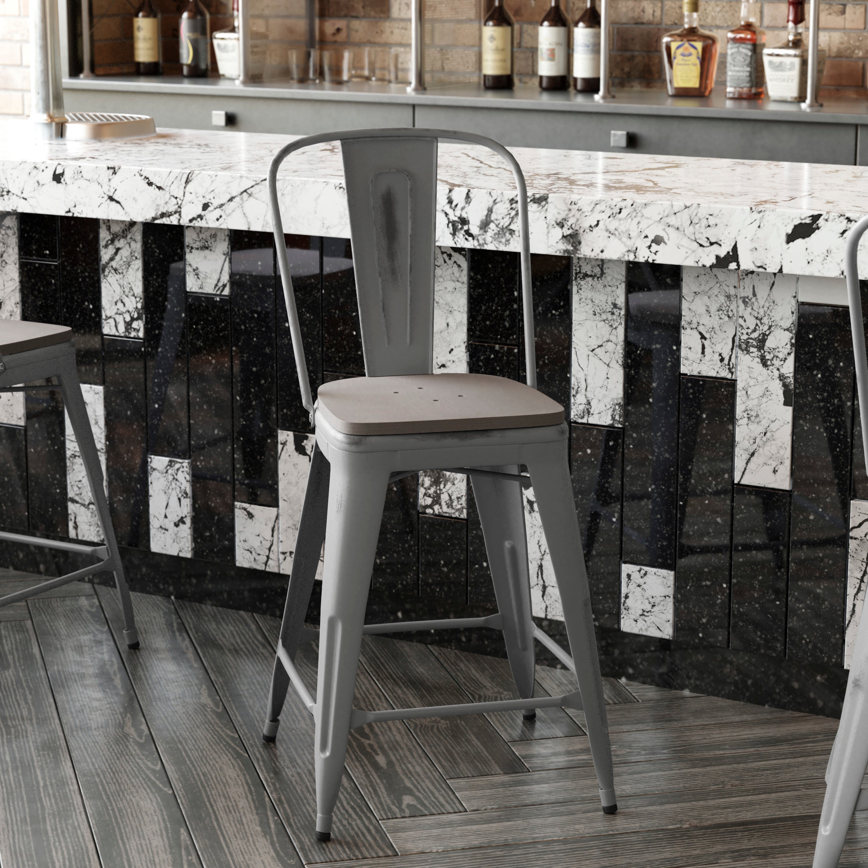 Lincoln 24'' High Silver Antique Finish with Clear Coat Indoor Counter Height Stool with Back and Gray Poly Resin Wood Seat