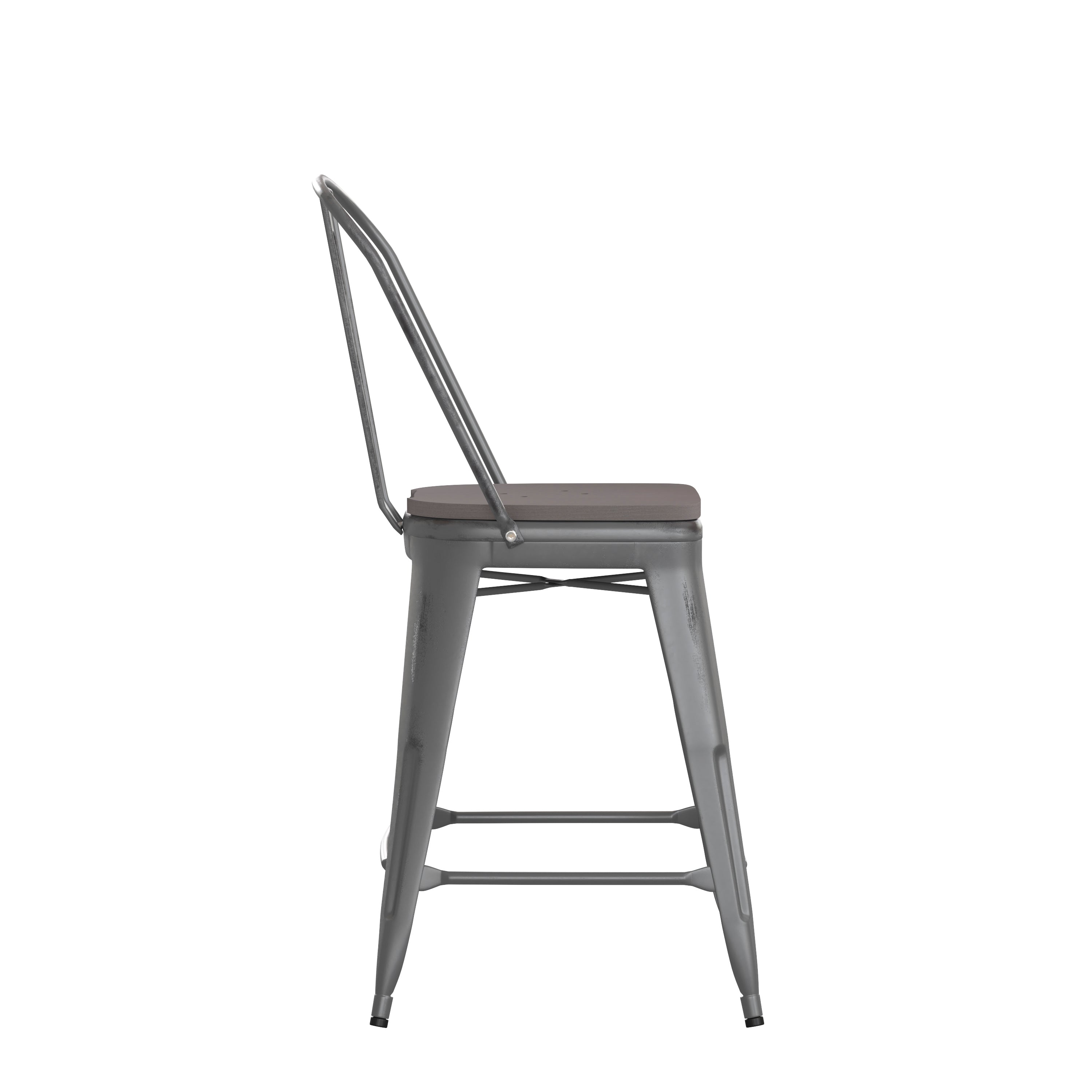 Lincoln 24'' High Silver Antique Finish with Clear Coat Indoor Counter Height Stool with Back and Gray Poly Resin Wood Seat