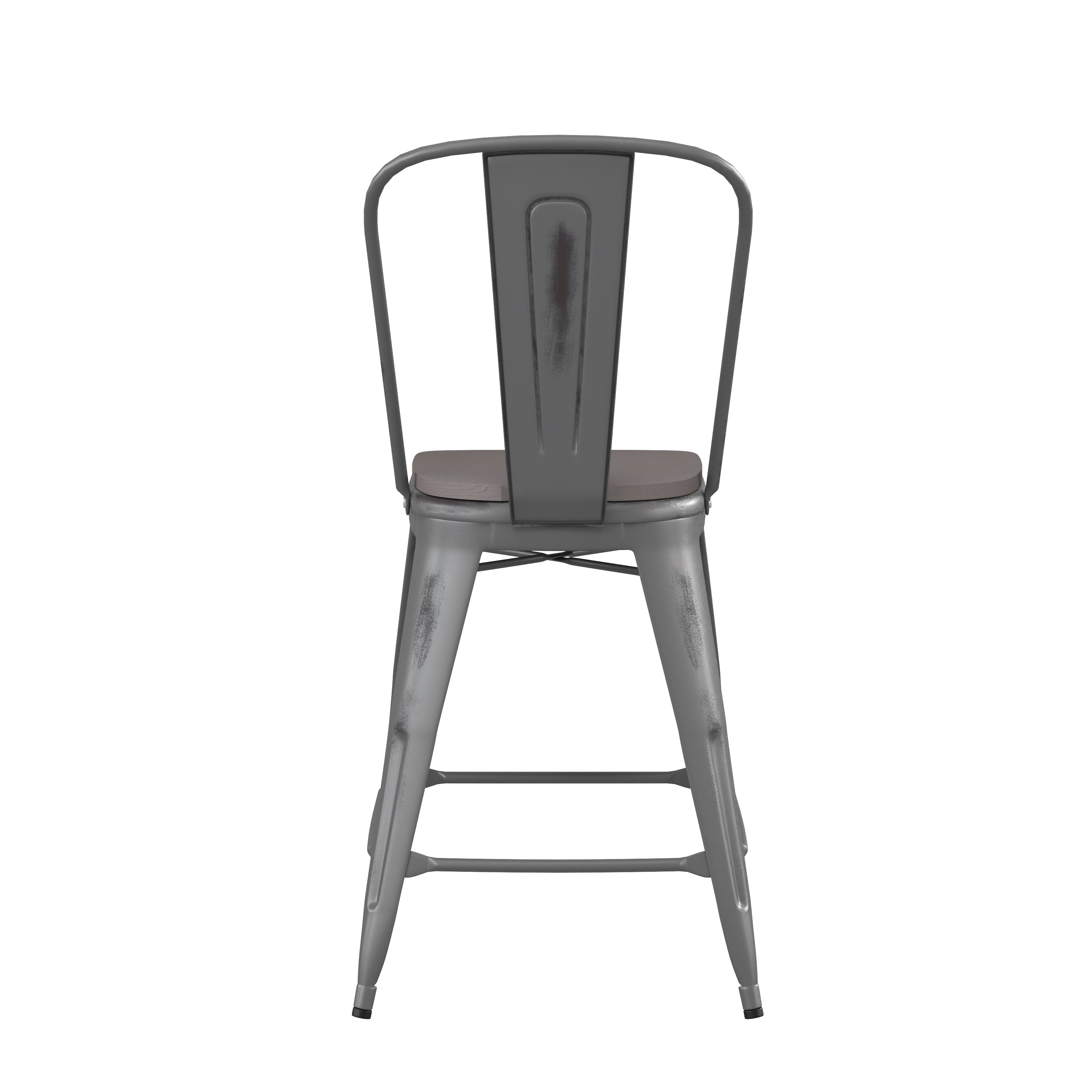 Lincoln 24'' High Silver Antique Finish with Clear Coat Indoor Counter Height Stool with Back and Gray Poly Resin Wood Seat