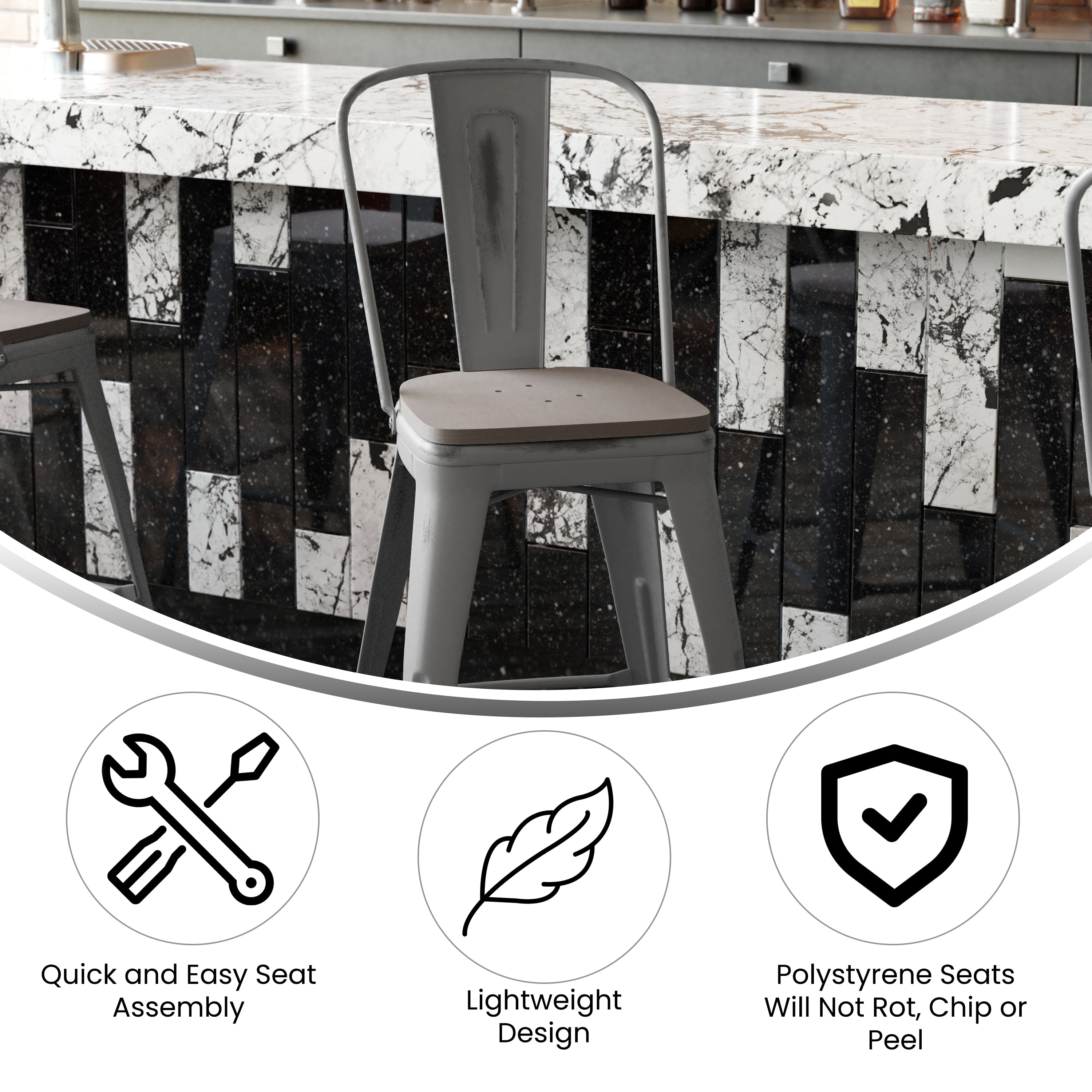 Lincoln 24'' High Silver Antique Finish with Clear Coat Indoor Counter Height Stool with Back and Gray Poly Resin Wood Seat