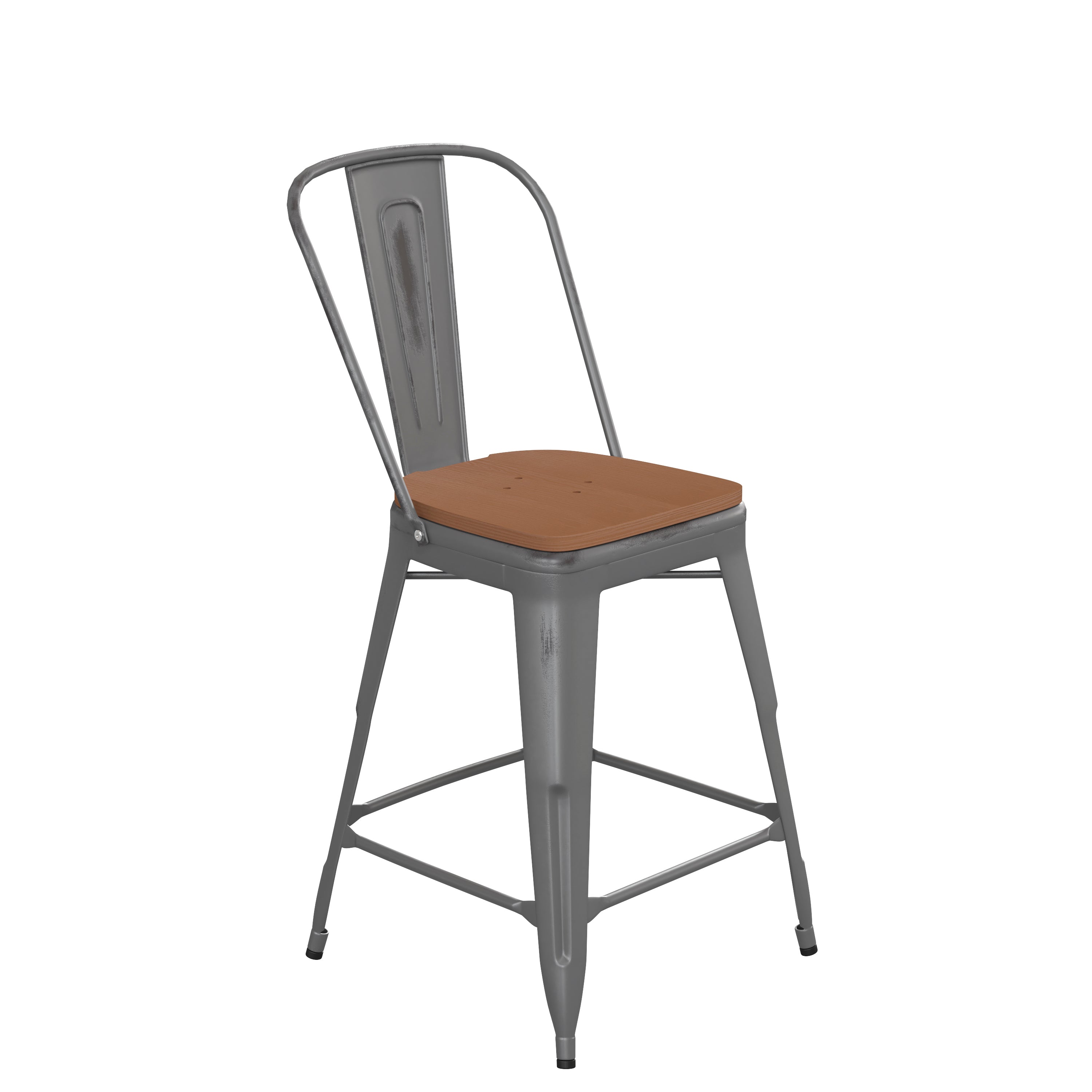 Lincoln 24'' High Silver Antique Finish with Clear Coat Indoor Counter Height Stool with Back and Teak Poly Resin Wood Seat