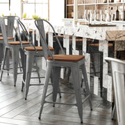 Lincoln 24'' High Silver Antique Finish with Clear Coat Indoor Counter Height Stool with Back and Teak Poly Resin Wood Seat