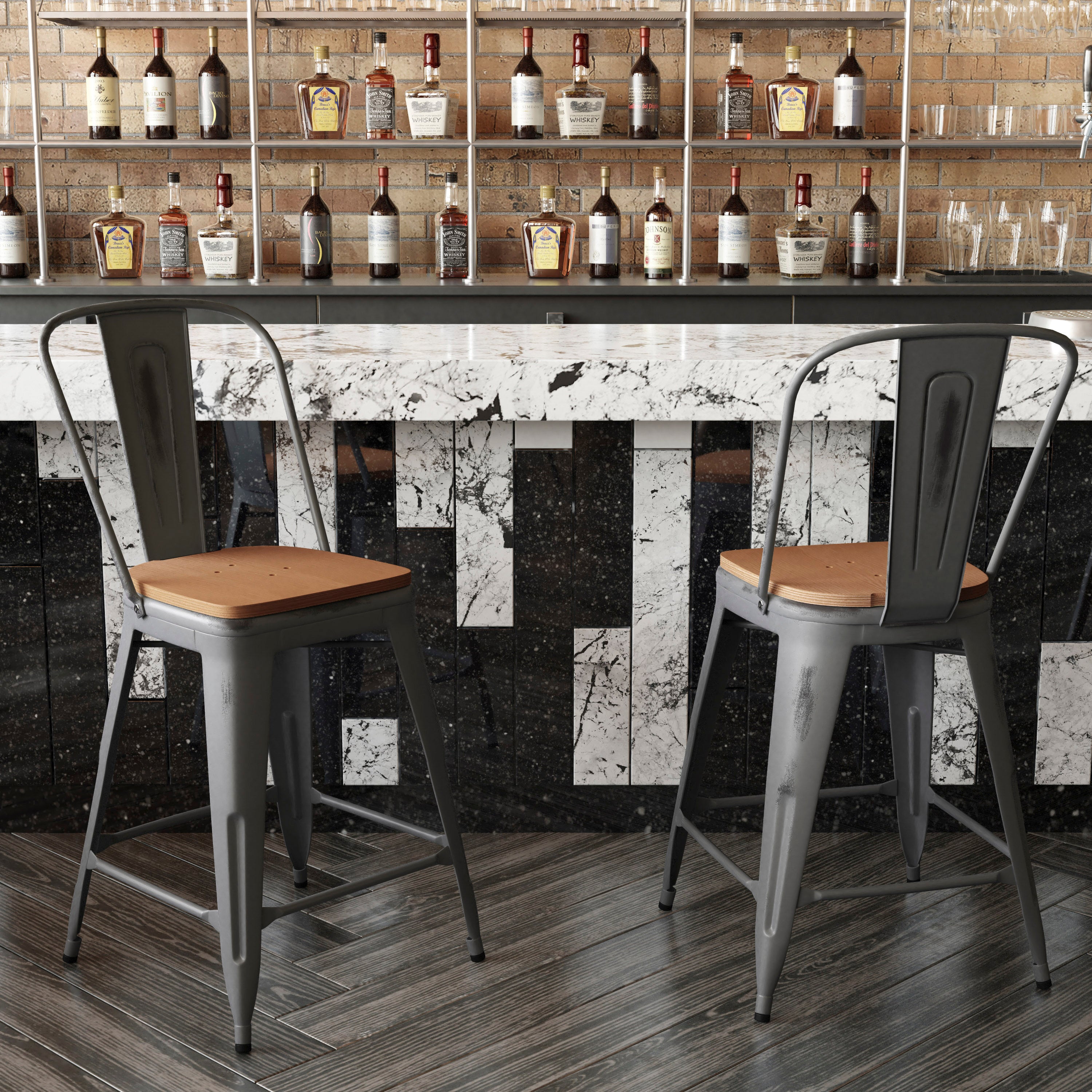 Lincoln 24'' High Silver Antique Finish with Clear Coat Indoor Counter Height Stool with Back and Teak Poly Resin Wood Seat