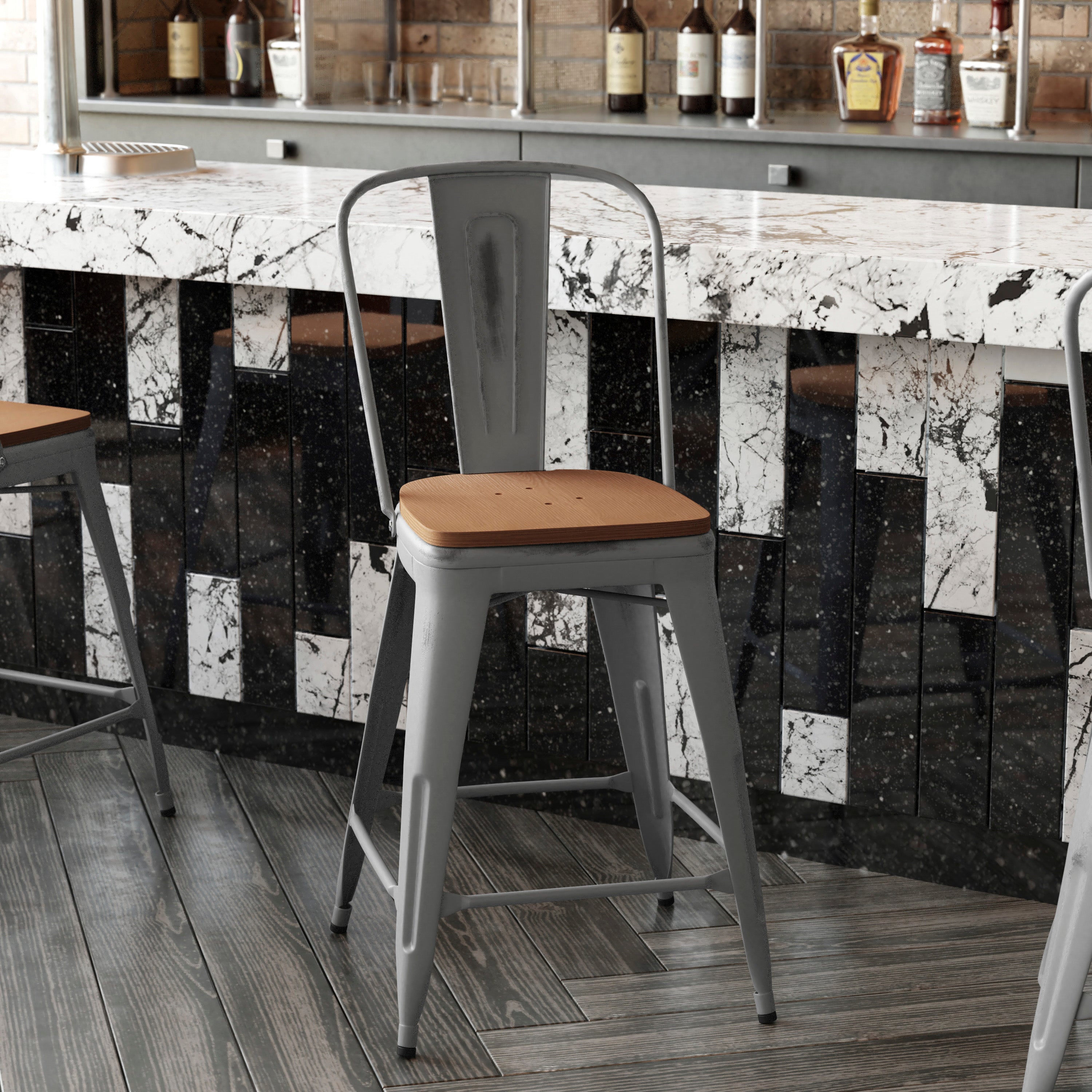 Lincoln 24'' High Silver Antique Finish with Clear Coat Indoor Counter Height Stool with Back and Teak Poly Resin Wood Seat