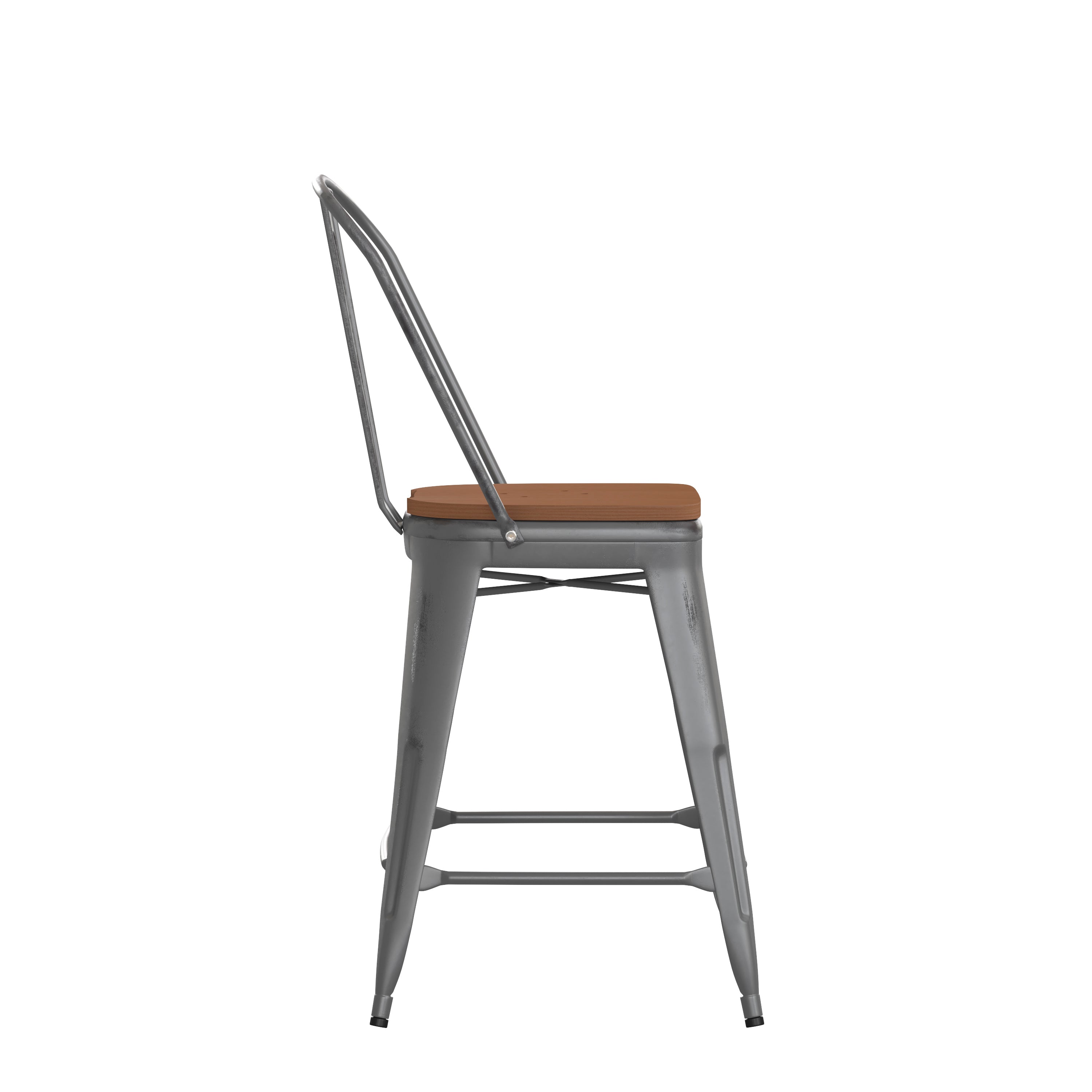 Lincoln 24'' High Silver Antique Finish with Clear Coat Indoor Counter Height Stool with Back and Teak Poly Resin Wood Seat