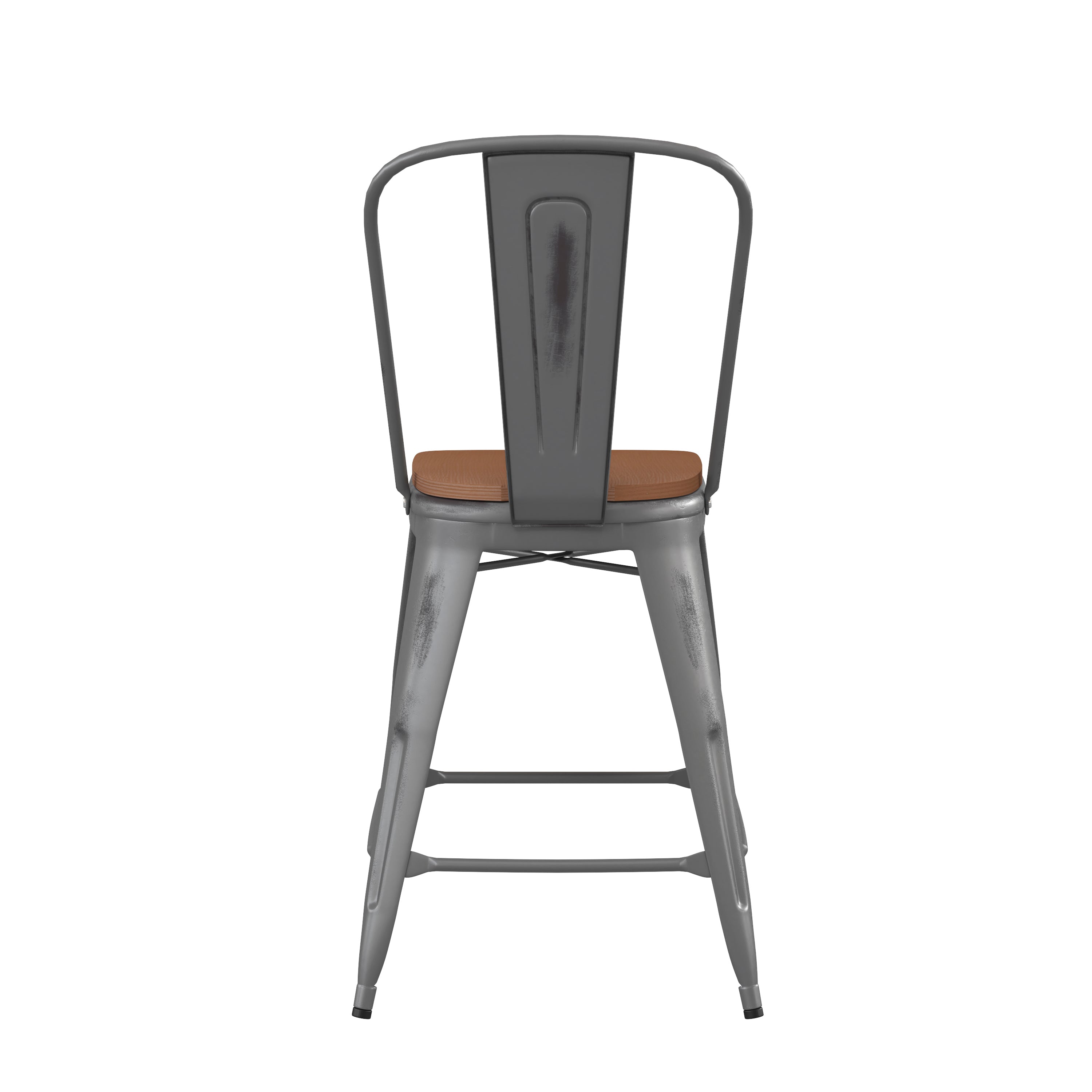Lincoln 24'' High Silver Antique Finish with Clear Coat Indoor Counter Height Stool with Back and Teak Poly Resin Wood Seat