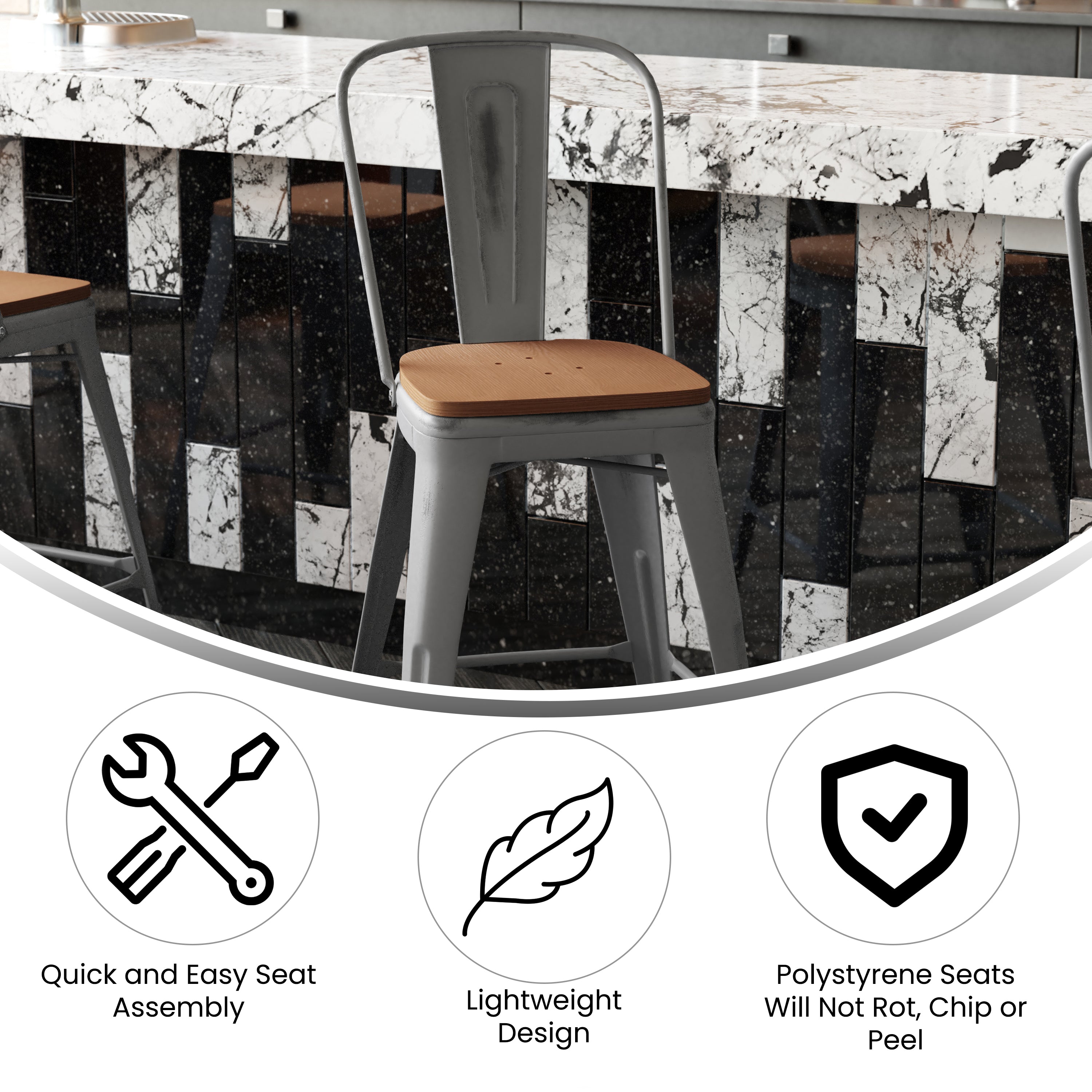 Lincoln 24'' High Silver Antique Finish with Clear Coat Indoor Counter Height Stool with Back and Teak Poly Resin Wood Seat