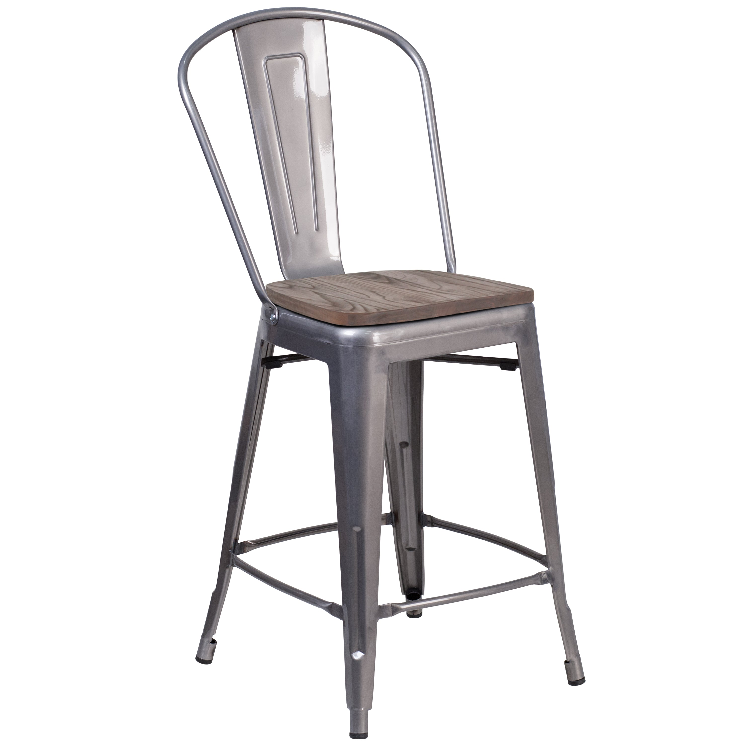 Lincoln 24" High Silver Antique Finish with Clear Coat Counter Height Stool with Back and Wood Seat