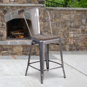 Lincoln 24" High Silver Antique Finish with Clear Coat Counter Height Stool with Back and Wood Seat