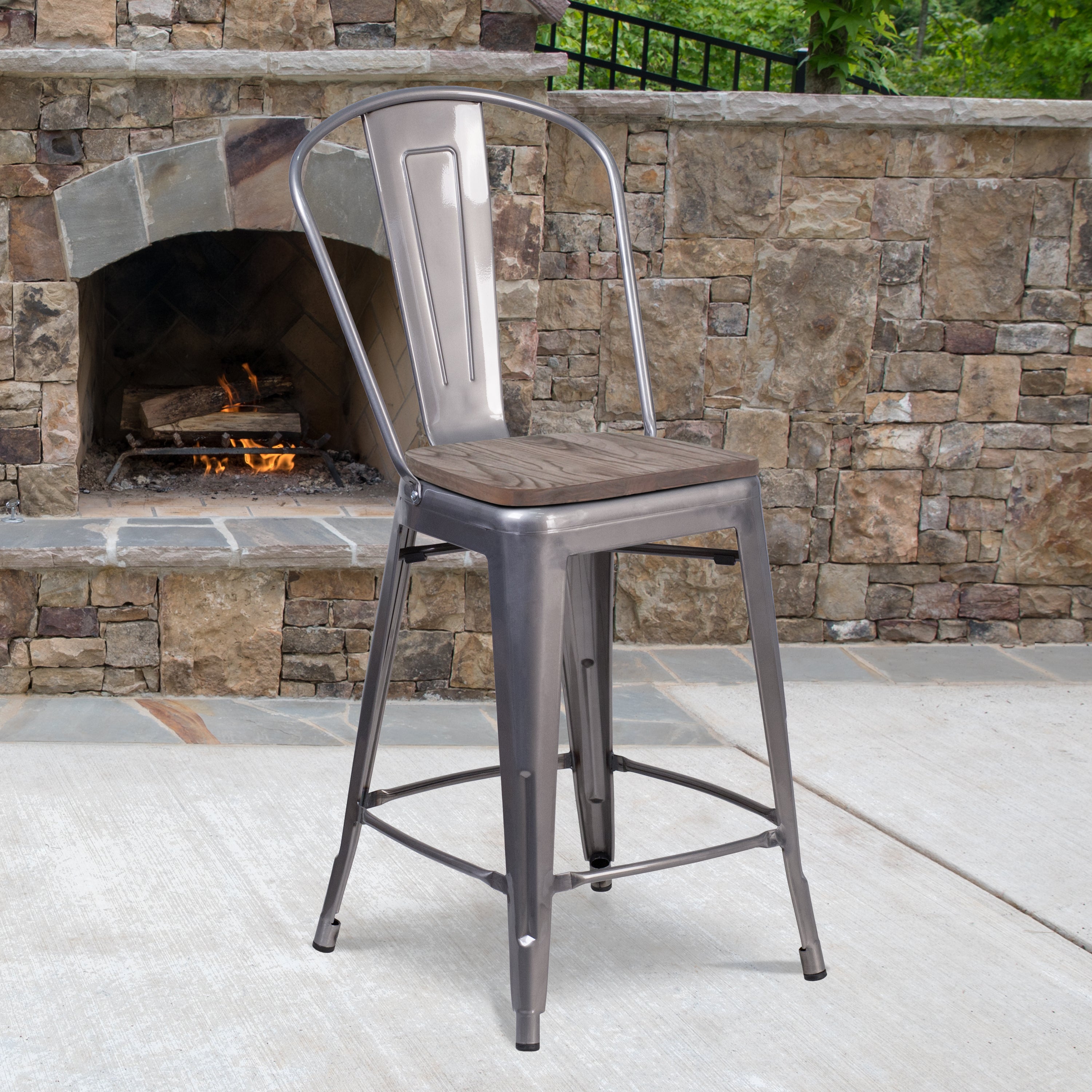 Lincoln 24" High Silver Antique Finish with Clear Coat Counter Height Stool with Back and Wood Seat