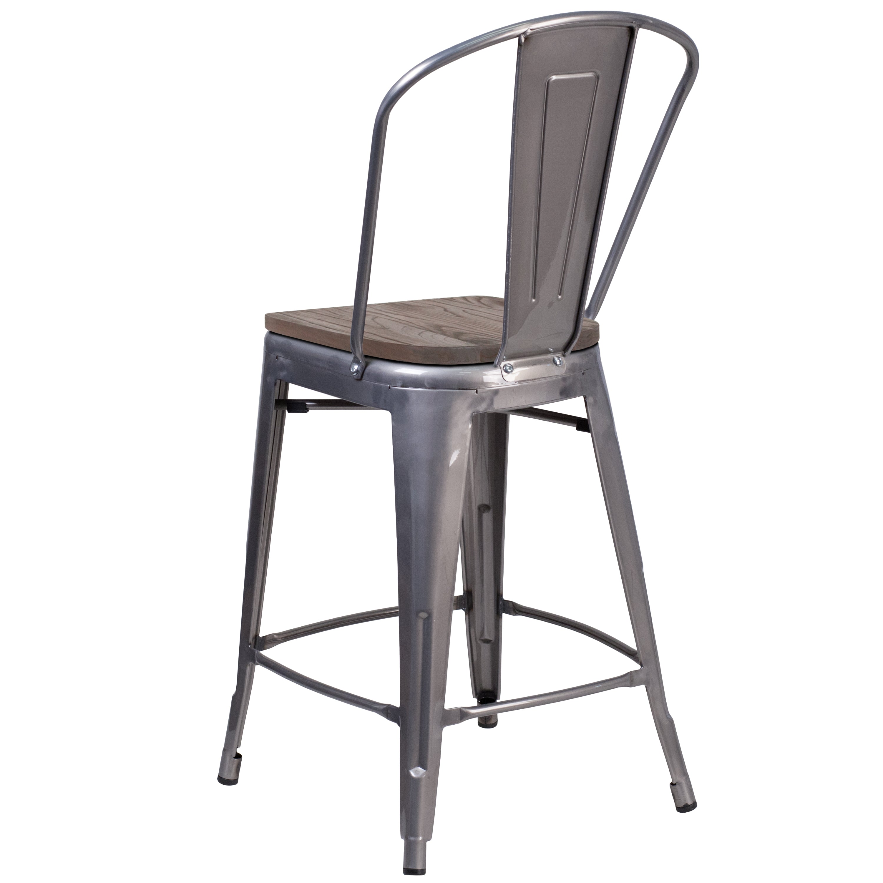 Lincoln 24" High Silver Antique Finish with Clear Coat Counter Height Stool with Back and Wood Seat